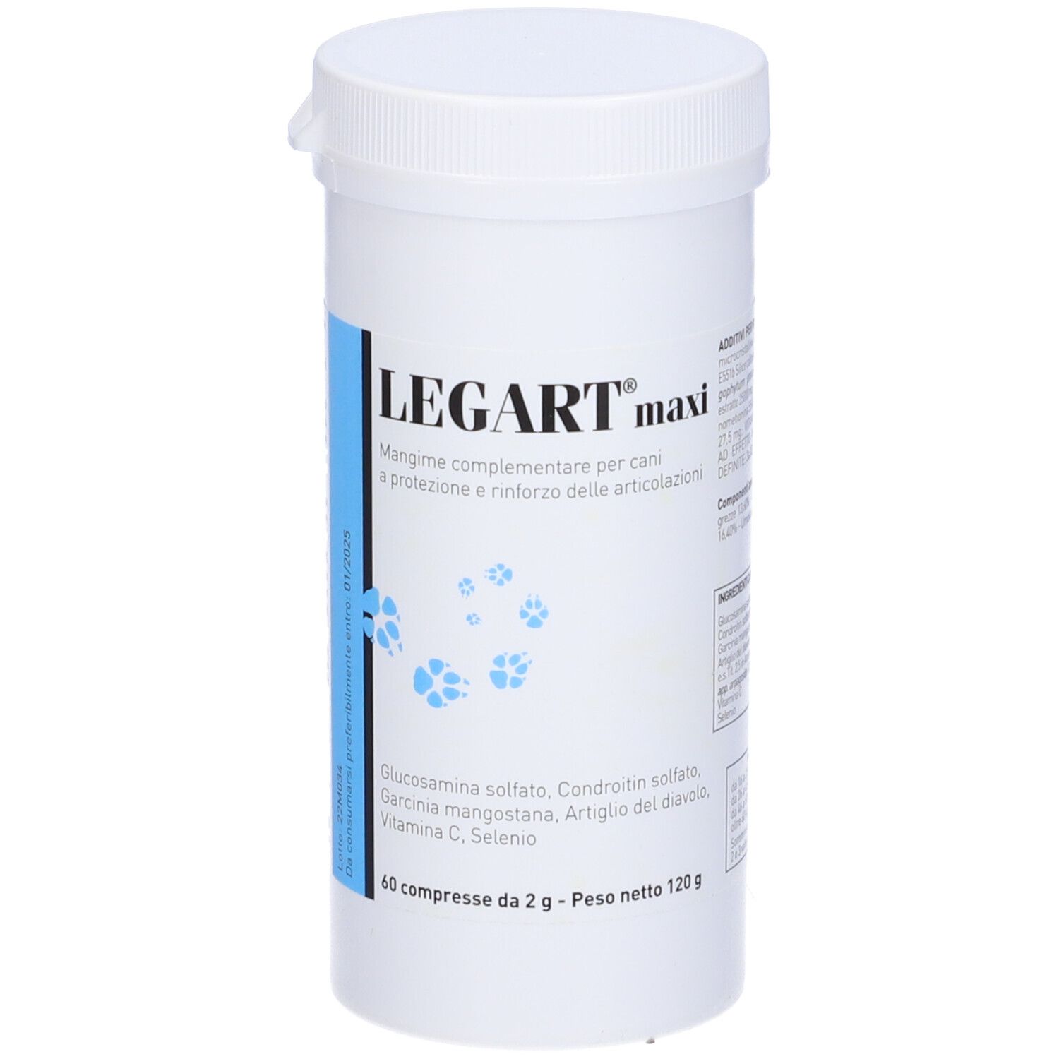 Boîte blanche avec étiquette bleue. Inscription: LEGART maxi. Contient 60 comprimés. Ingrédients: sulfate de glucosamine, sulfate de chondroïtine, Garcinia mangostana.
