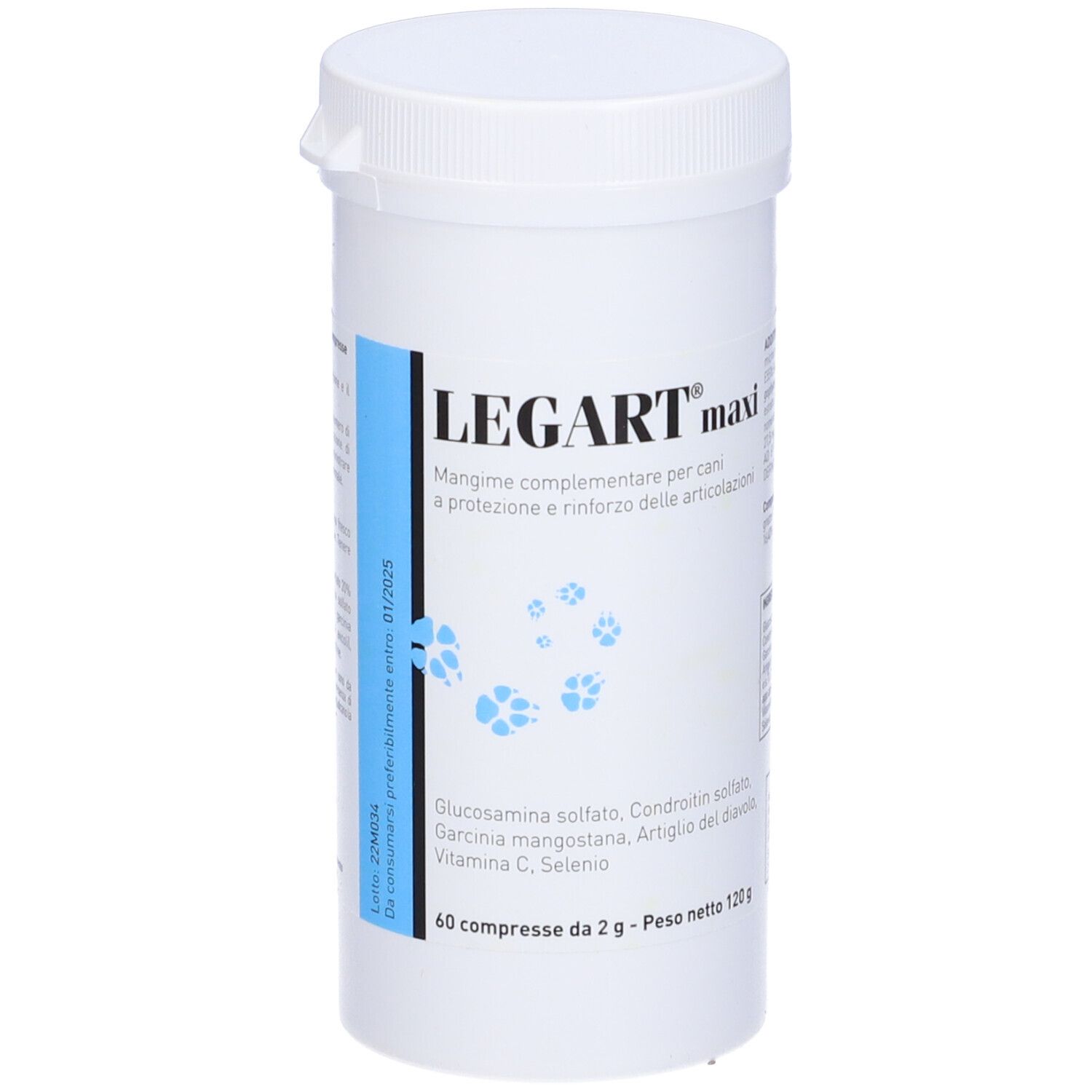 Boîte blanche avec étiquette bleue. Inscription: LEGART maxi. Contient 60 comprimés. Contient des informations sur les ingrédients et la date de péremption.