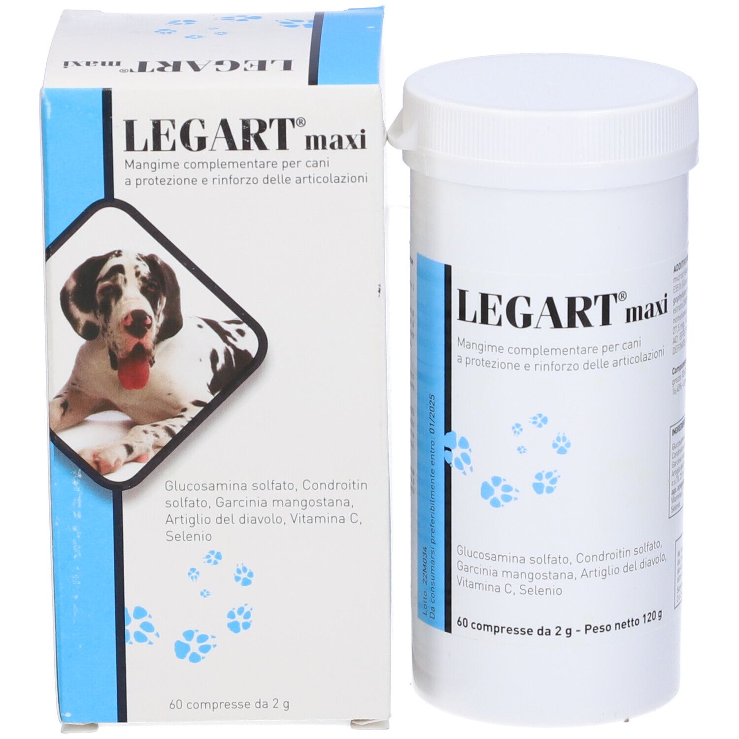 Emballage du produit avec boîte et flacon. Inscription: LEGART maxi. Contient 60 comprimés. Un chien est représenté.