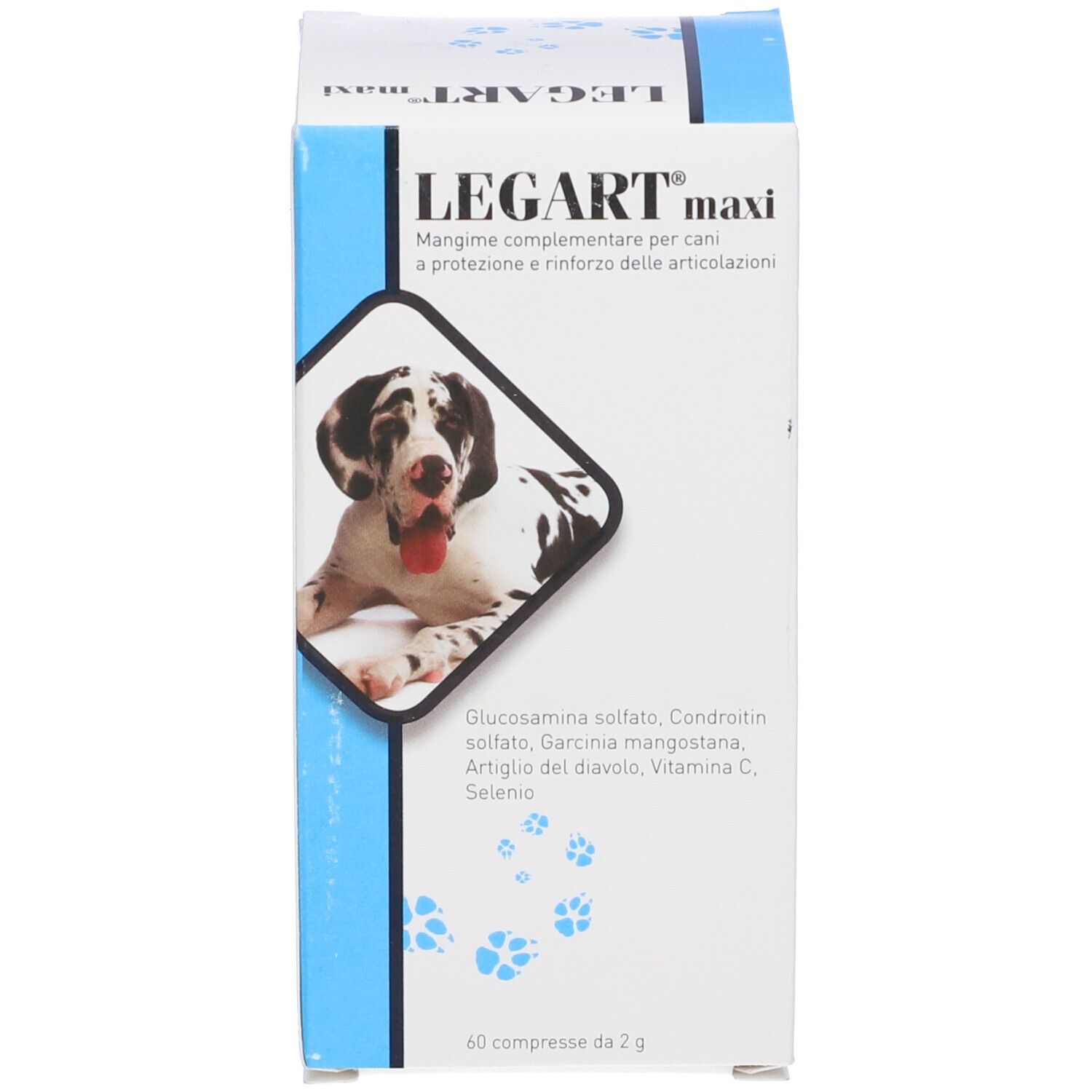 Emballage du produit. Inscription: LEGART maxi. Contient 60 comprimés. Un chien est représenté.