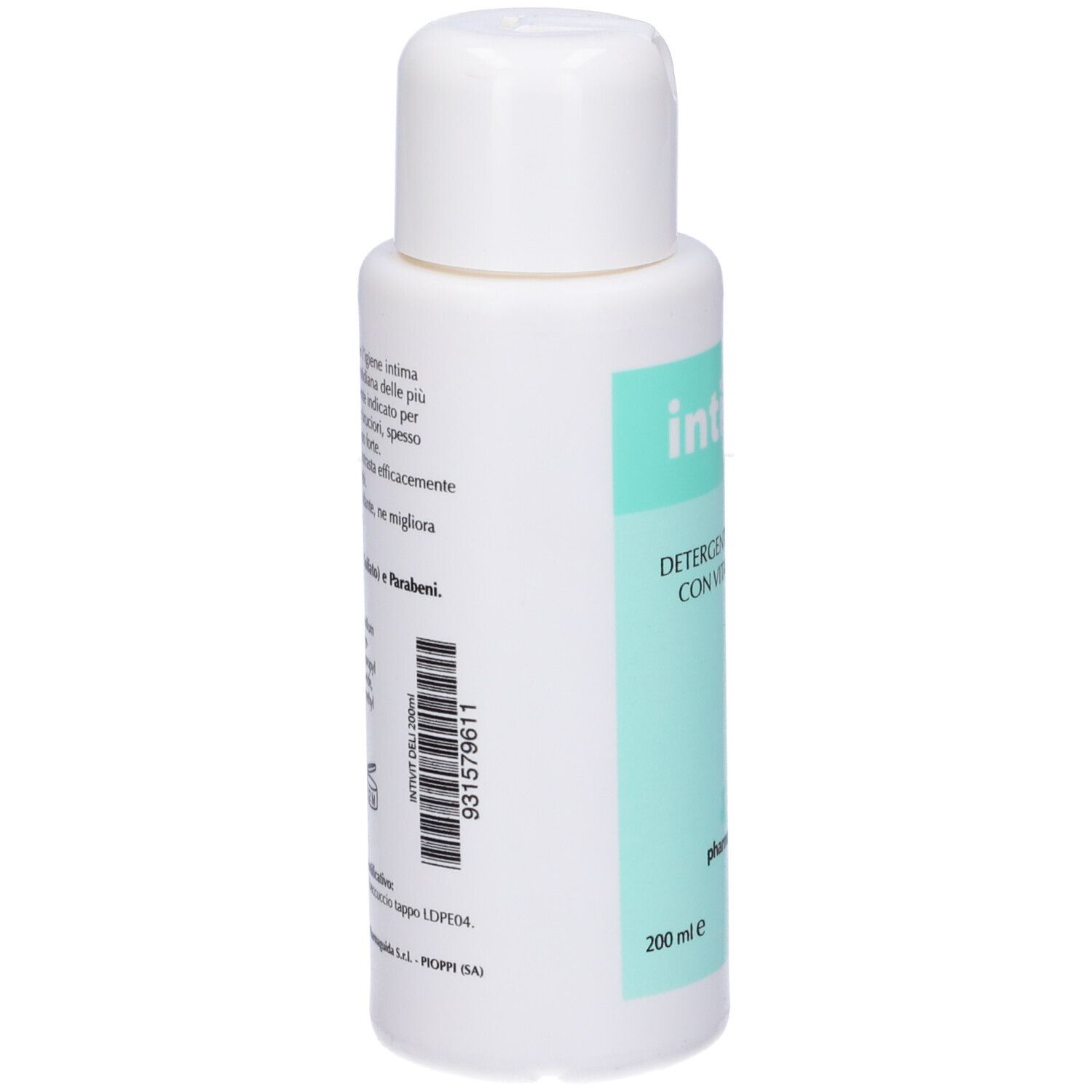 Flacon blanc avec étiquette verte. Inscription: Intivit deli, Detergente Intimo, Vitamine E. Marque: Pharmaguida.