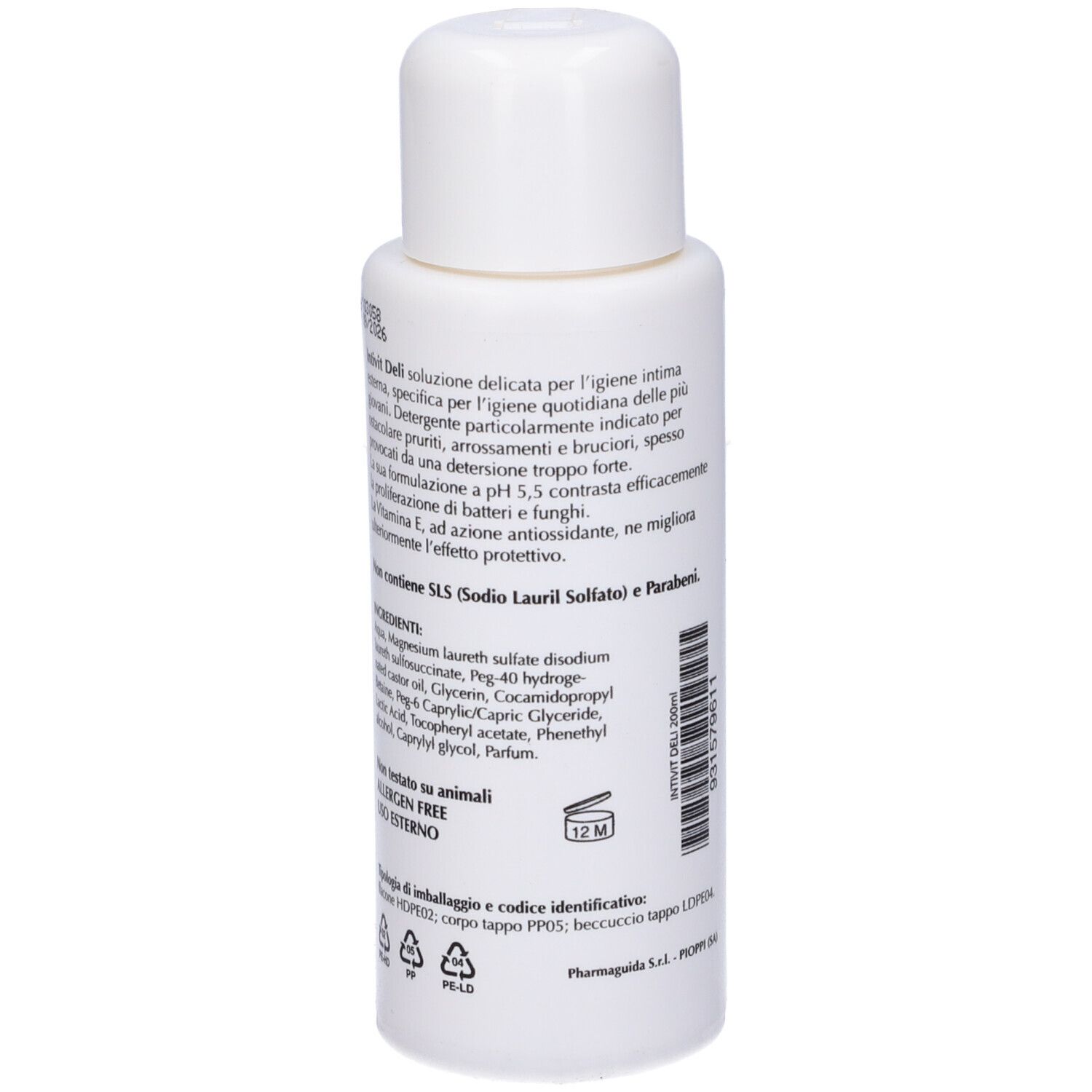 Flacon blanc avec étiquette verte. Inscription: Intivit deli, Detergente Intimo, Vitamine E. Marque: Pharmaguida.