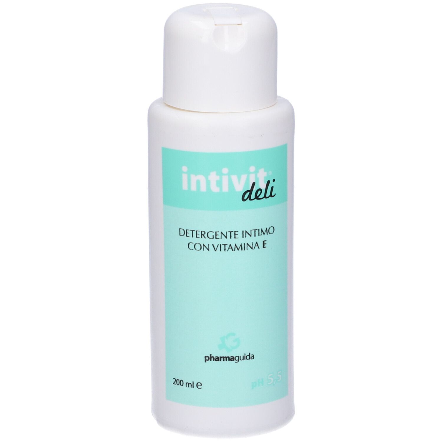 Flacon blanc avec étiquette verte. Inscription: Intivit deli, Detergente Intimo, Vitamine E. Marque: Pharmaguida.
