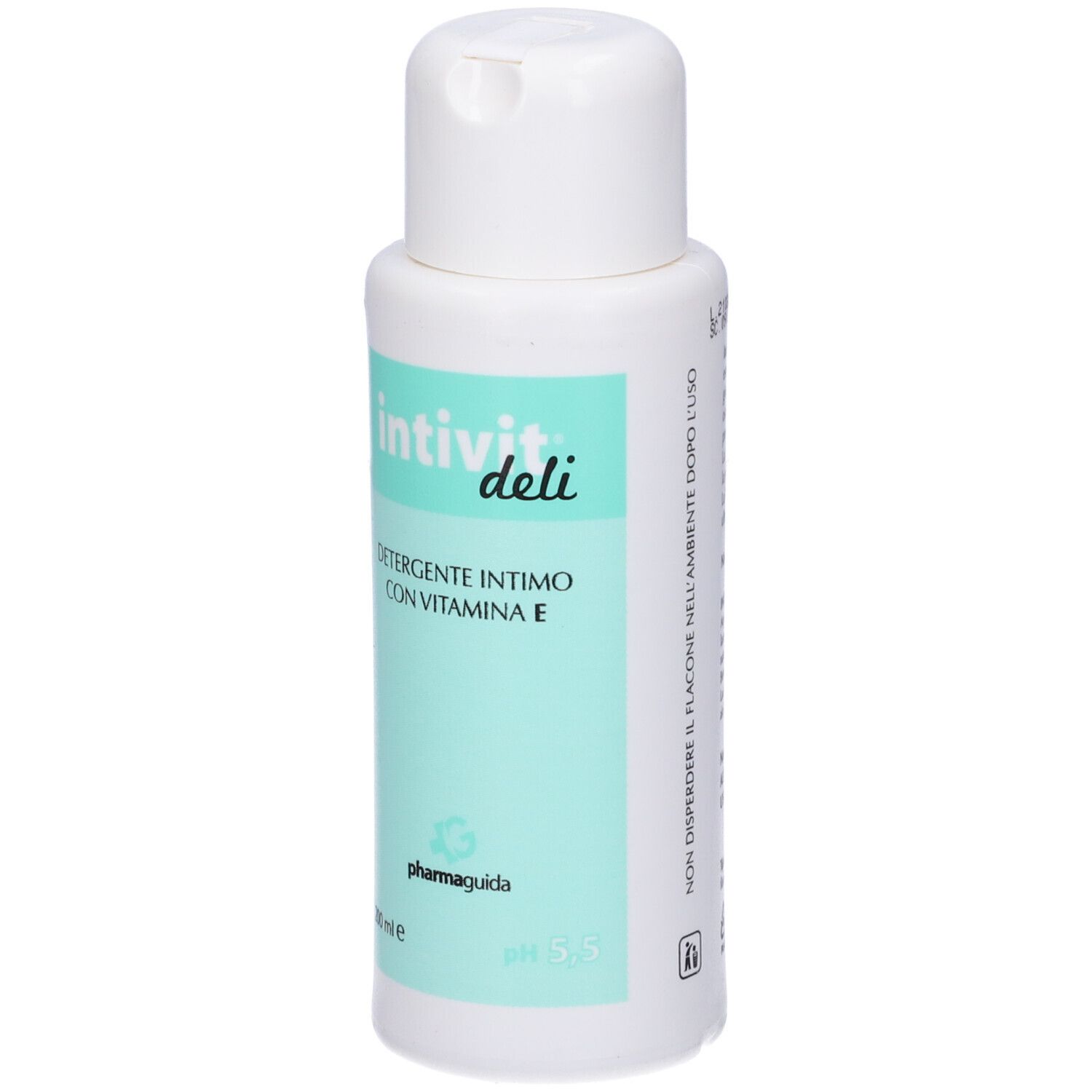 Flacon blanc avec étiquette verte. Inscription: Intivit deli, Detergente Intimo, Vitamine E. Marque: Pharmaguida.