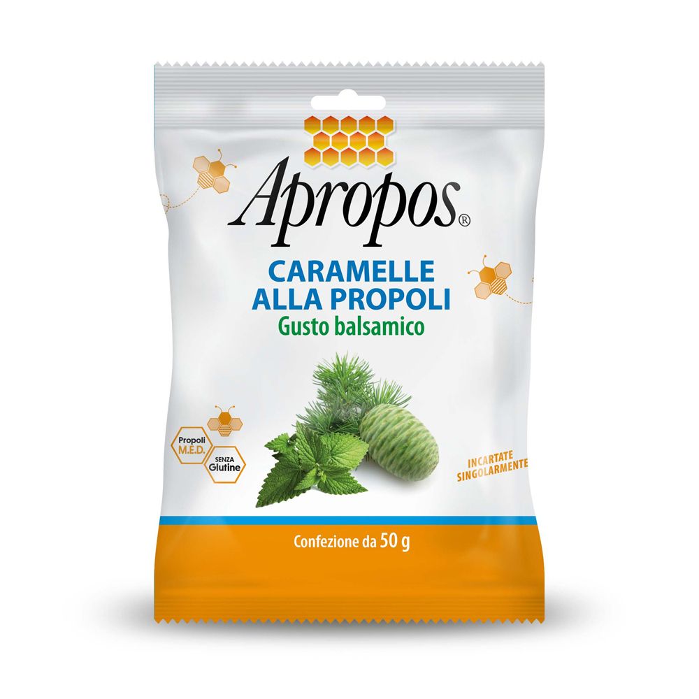 Sachet avec nom du produit 'Caramelle alla Propoli'. Illustration de plantes et de rayon de miel.