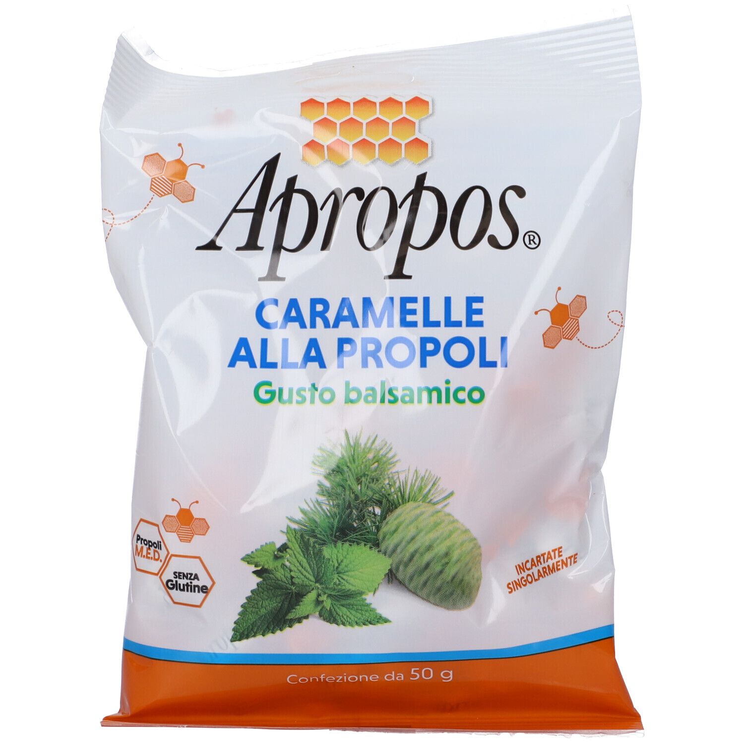 Emballage du produit 'Caramelle alla Propoli'. Illustration de plantes et de rayon de miel.