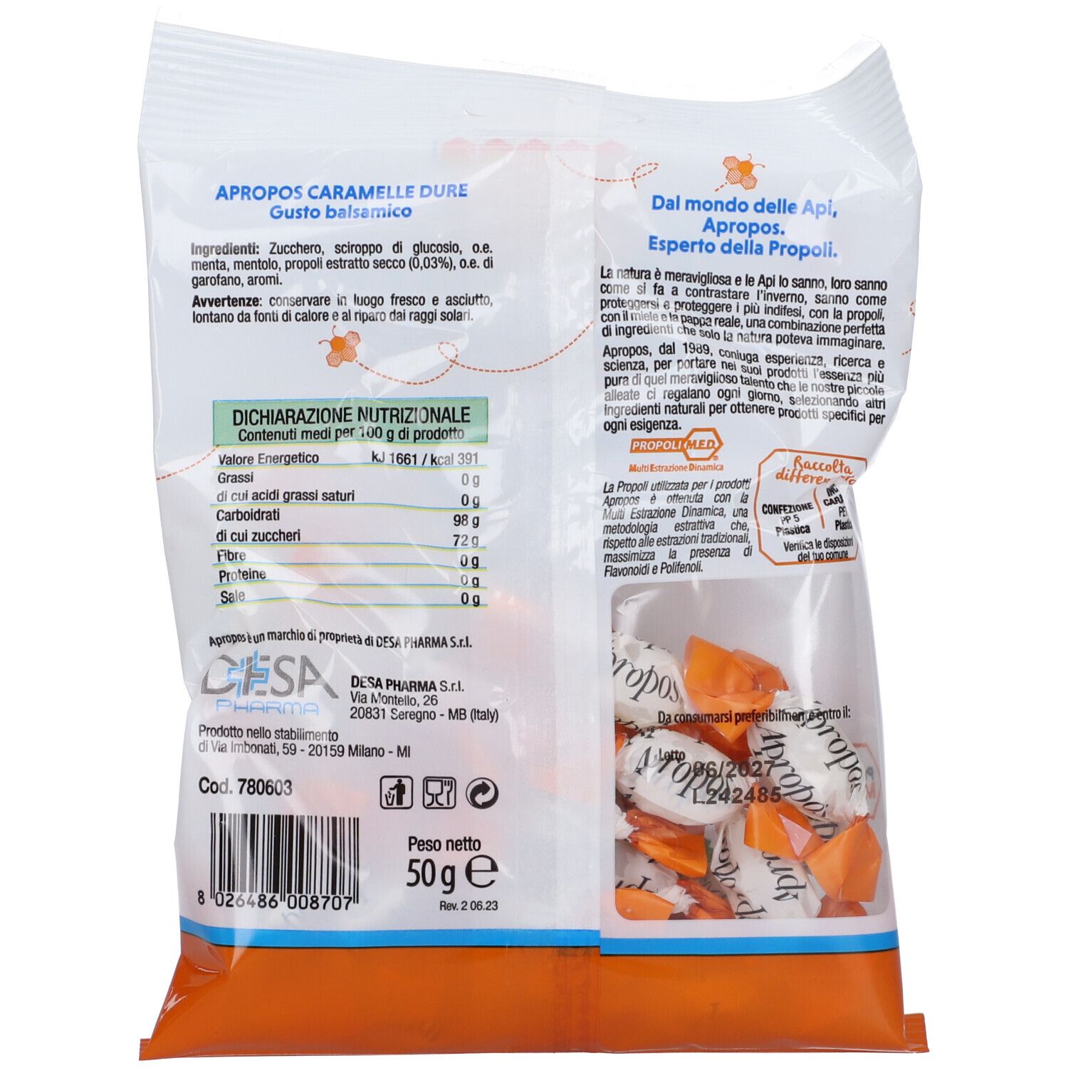 Dos de l'emballage avec texte et bonbons. Poids : 50g.