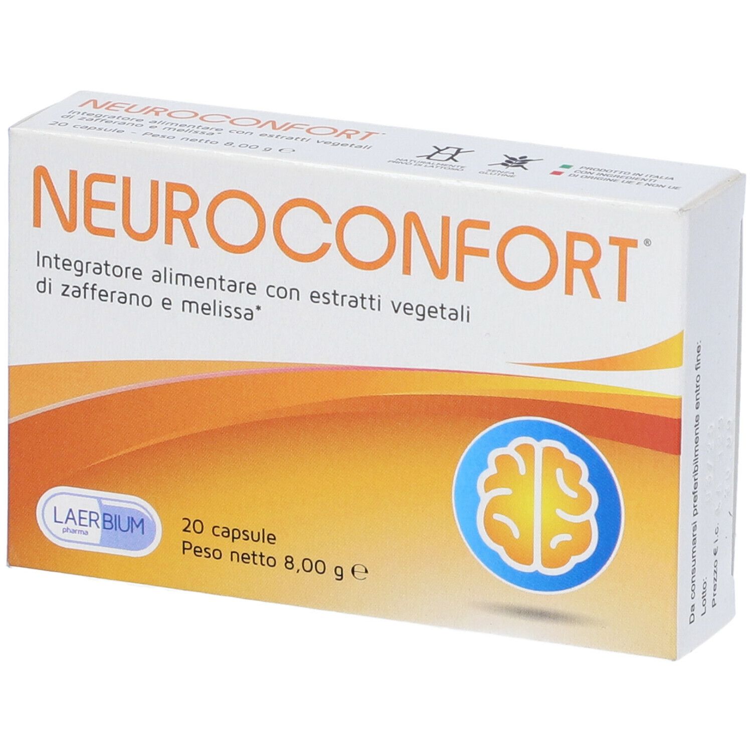 Boîte blanche Neuroconfort. Contient 20 gélules. Vagues oranges et symbole de cerveau.