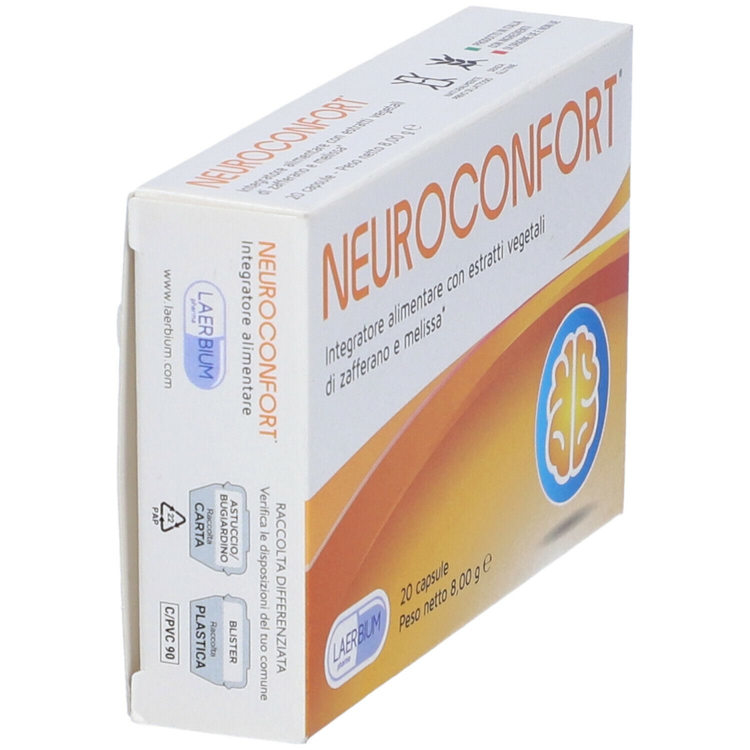 Emballage incliné Neuroconfort. Contient 20 gélules. Vagues oranges et symbole de cerveau.