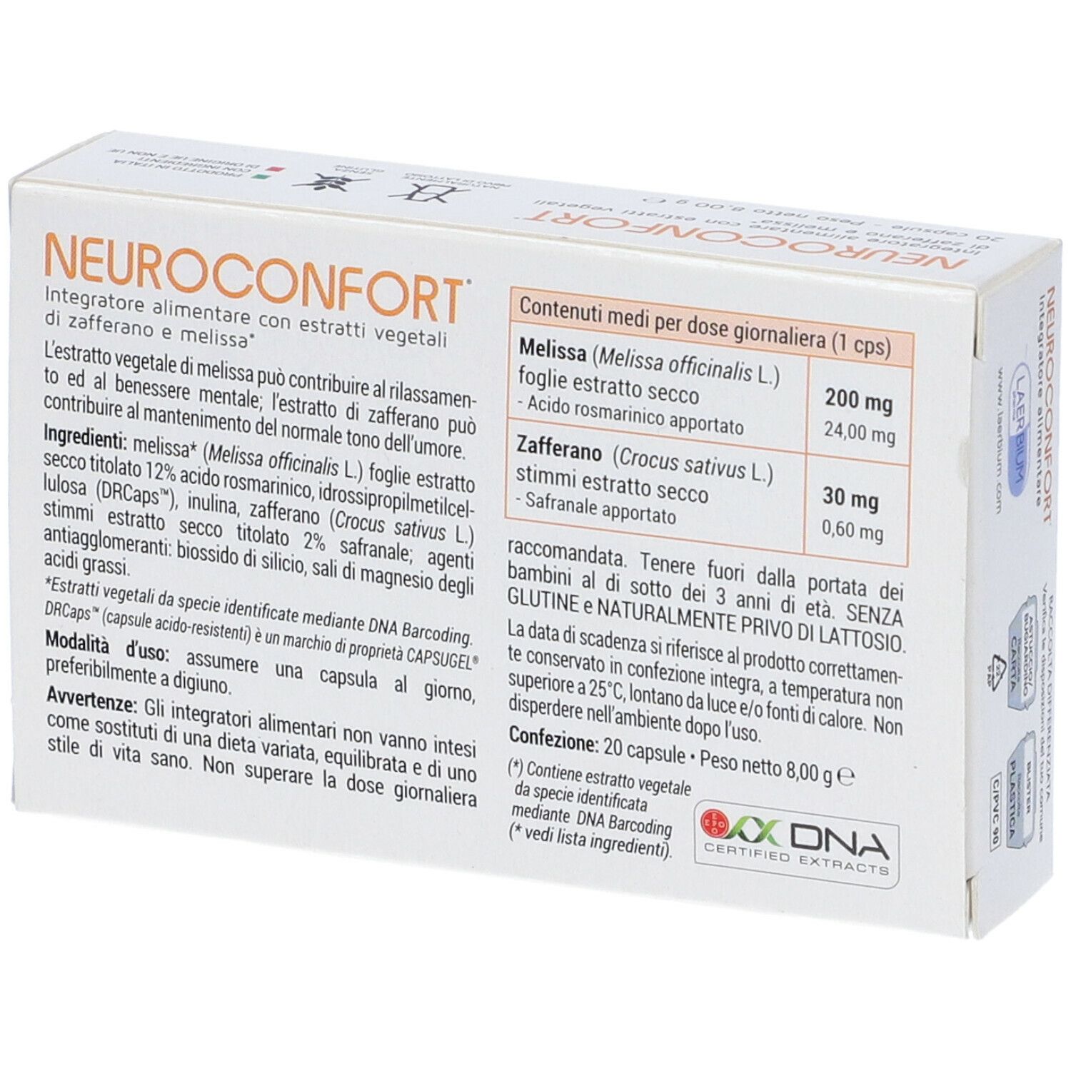 Dos de l'emballage Neuroconfort. Informations sur les ingrédients et le dosage.