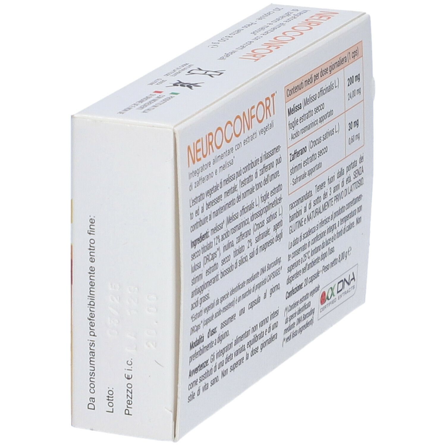 Emballage incliné Neuroconfort. Informations sur les ingrédients et le dosage.