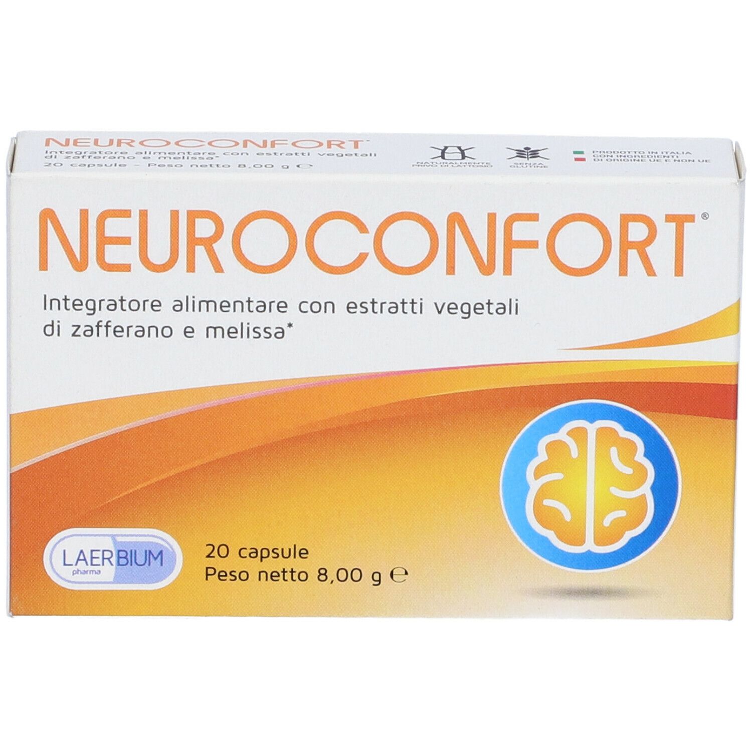 Boîte de Neuroconfort. Contient 20 gélules. Vagues oranges et symbole de cerveau.