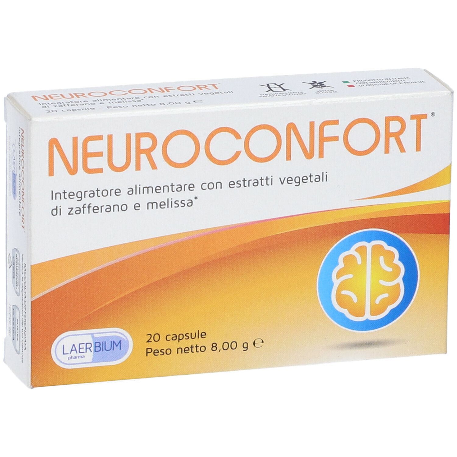 Boîte de Neuroconfort. Contient 20 gélules. Vagues oranges et symbole de cerveau.