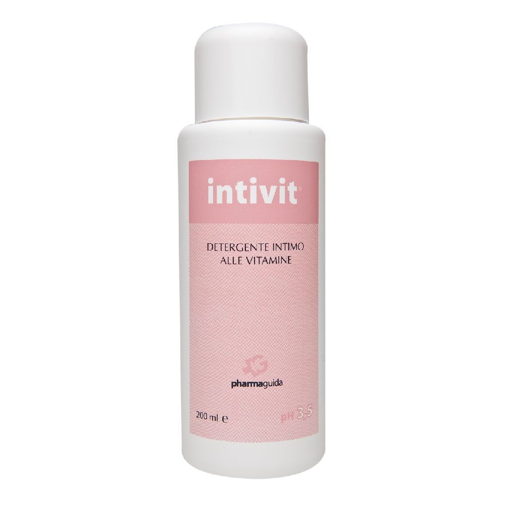 Weiße Flasche mit rosa Etikett. Aufschrift: Intivit, Detergente Intimo Alle Vitamine. 200 ml, pH 5.5.