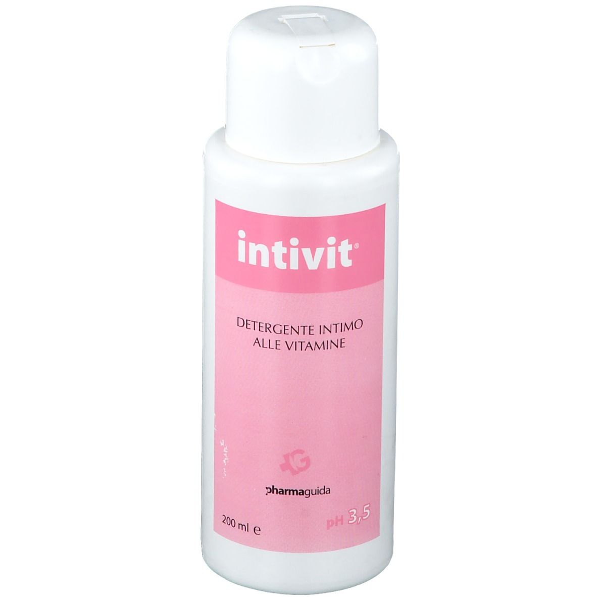 Weiße Flasche mit rosa Etikett. Aufschrift: Intivit, Detergente Intimo Alle Vitamine. 200 ml, pH 3.5.