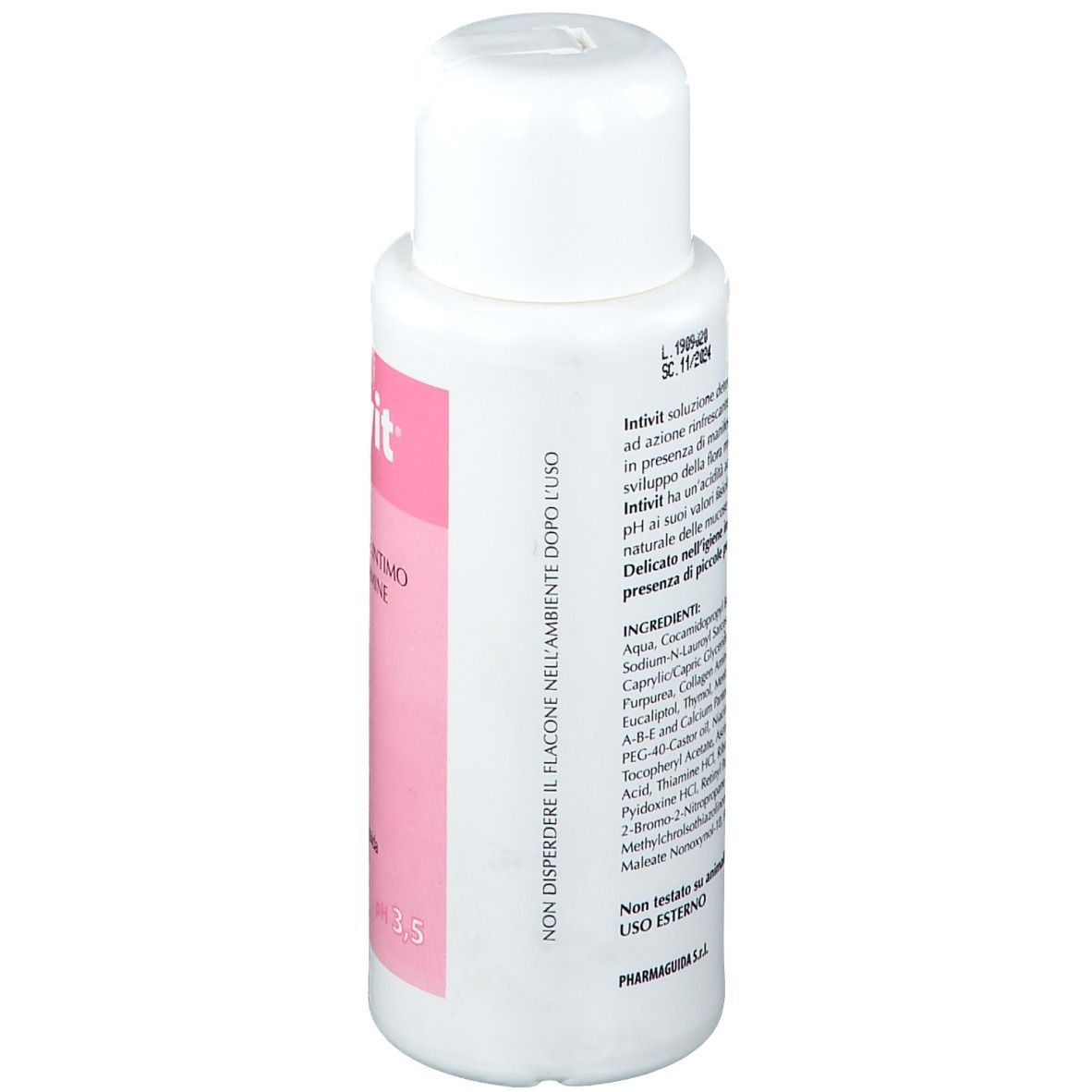 Weiße Flasche mit rosa Etikett. Aufschrift: Intivit, Detergente Intimo Alle Vitamine. 200 ml, pH 3.5. Rückseite mit Inhaltsstoffen.