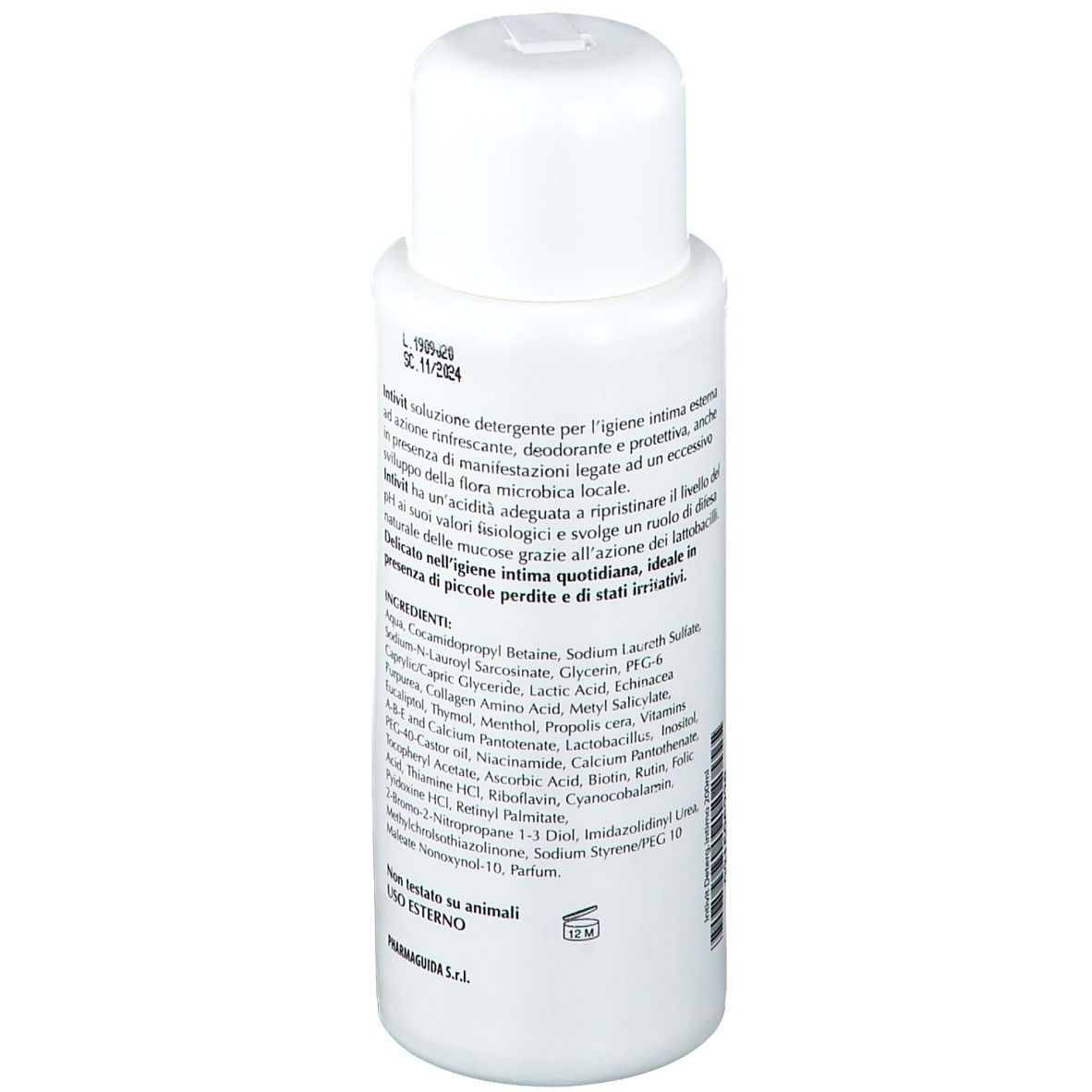 Weiße Flasche mit rosa Etikett. Aufschrift: Intivit, Detergente Intimo Alle Vitamine. 200 ml, pH 3.5. Rückseite mit Inhaltsstoffen.