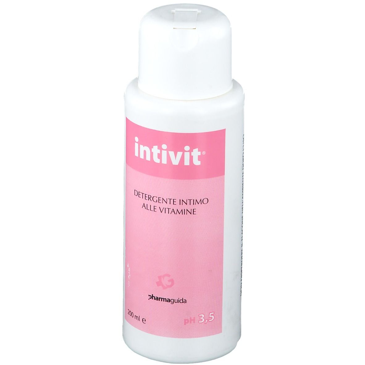 Weiße Flasche mit rosa Etikett. Aufschrift: Intivit, Detergente Intimo Alle Vitamine. 200 ml, pH 3.5.
