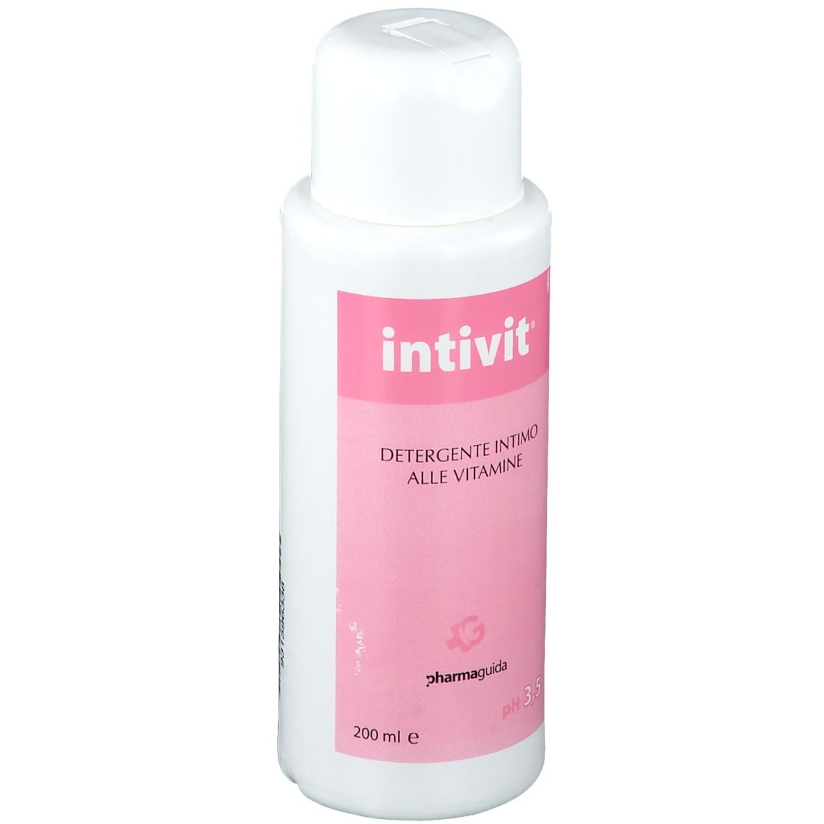 Weiße Flasche mit rosa Etikett. Aufschrift: Intivit, Detergente Intimo Alle Vitamine. 200 ml, pH 3.5.