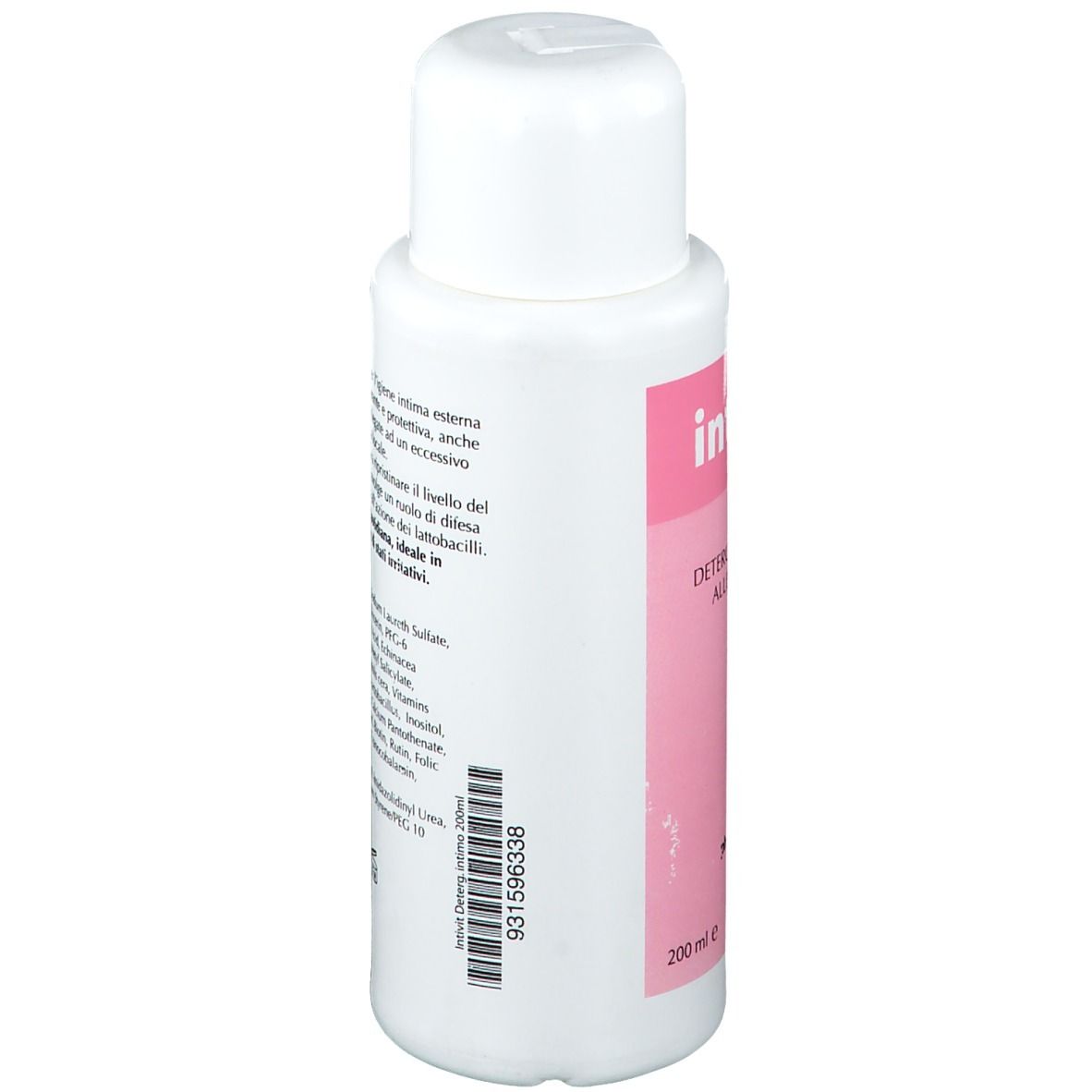 Weiße Flasche mit rosa Etikett. Aufschrift: Intivit, Detergente Intimo Alle Vitamine. 200 ml. Rückseite mit Text.