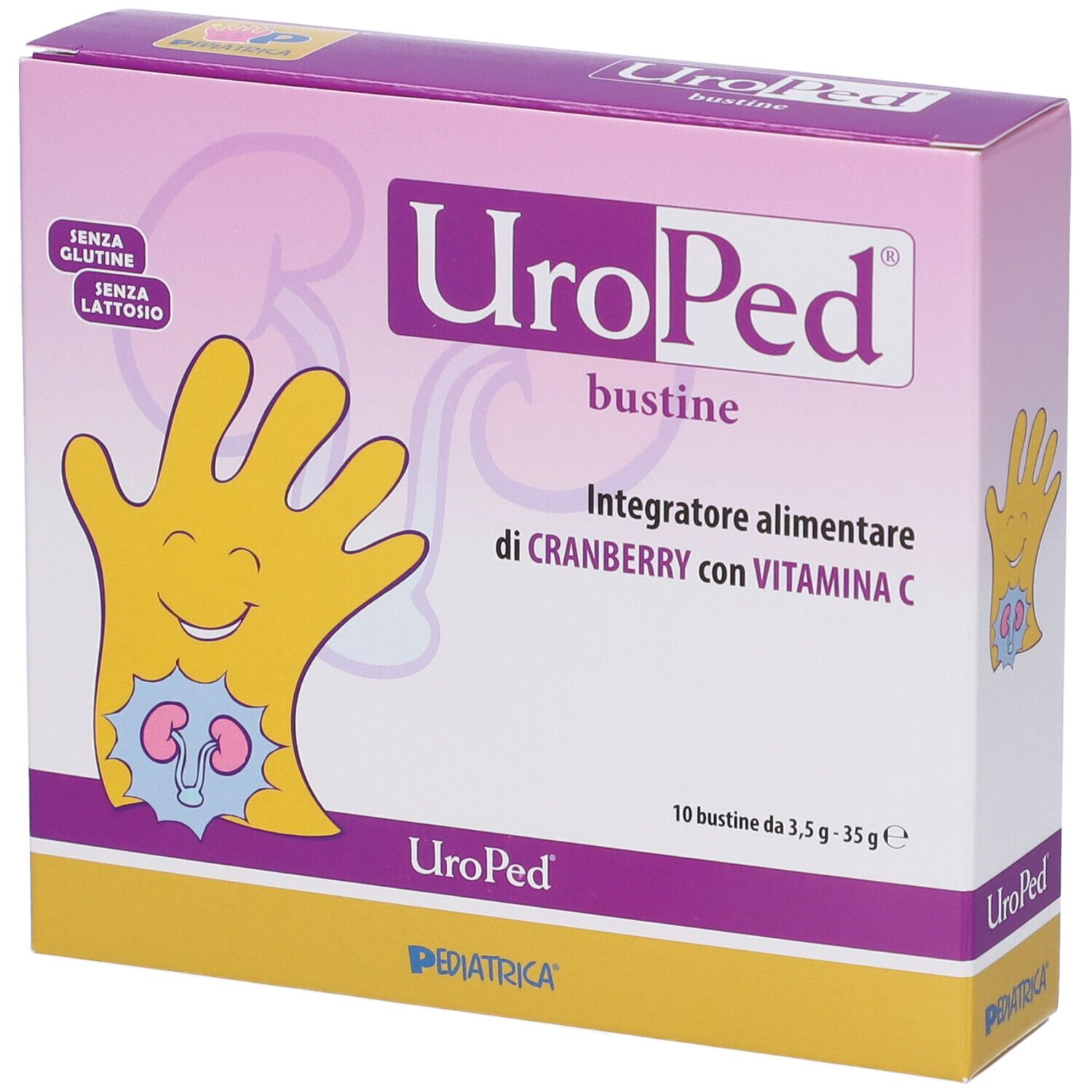 Boîte de UroPed® Bustine. Boîte rose et jaune avec nom du produit et illustration d'une main avec un rein.