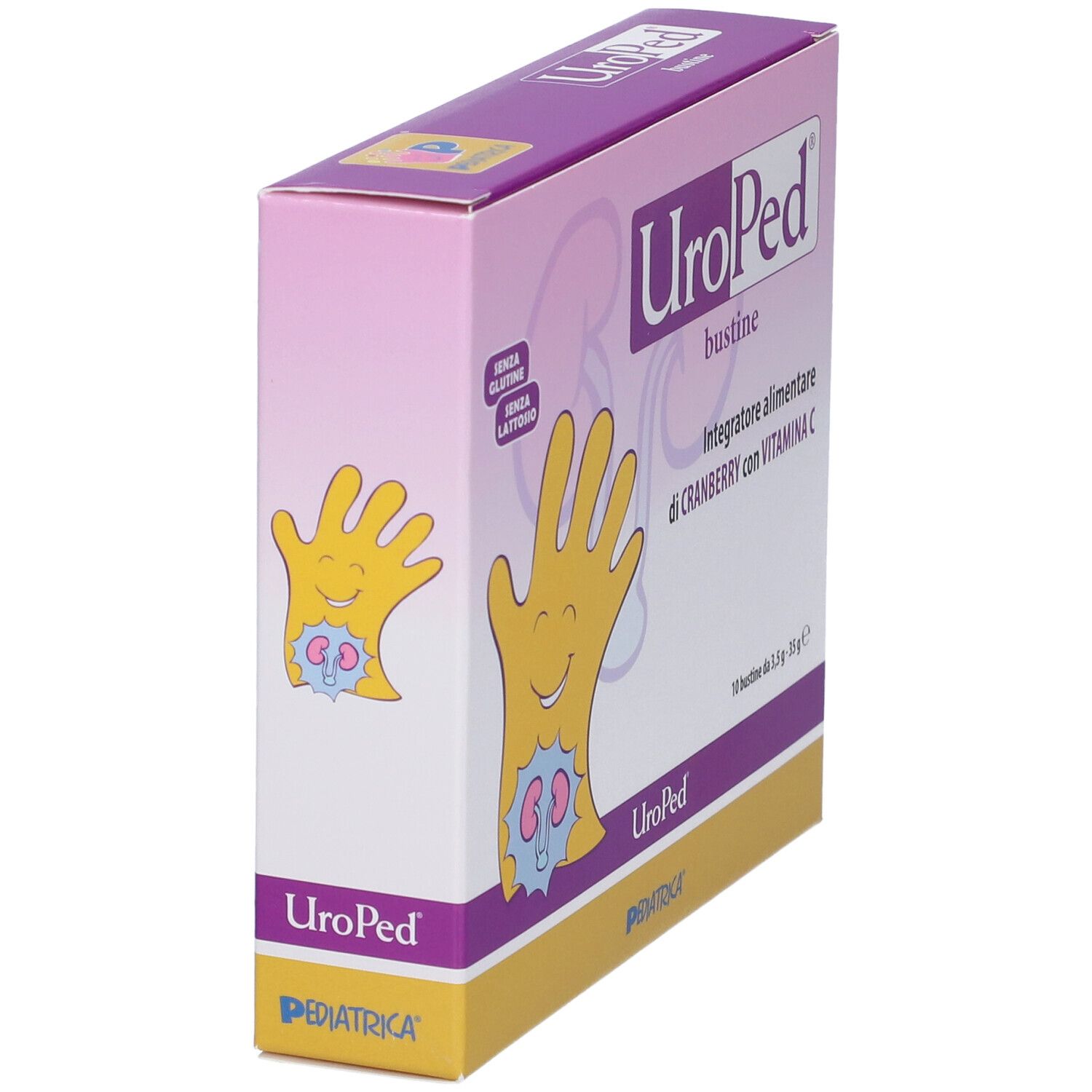 Vue en biais de la boîte UroPed® Bustine. Boîte rose et jaune avec nom du produit et illustration d'une main avec un rein.