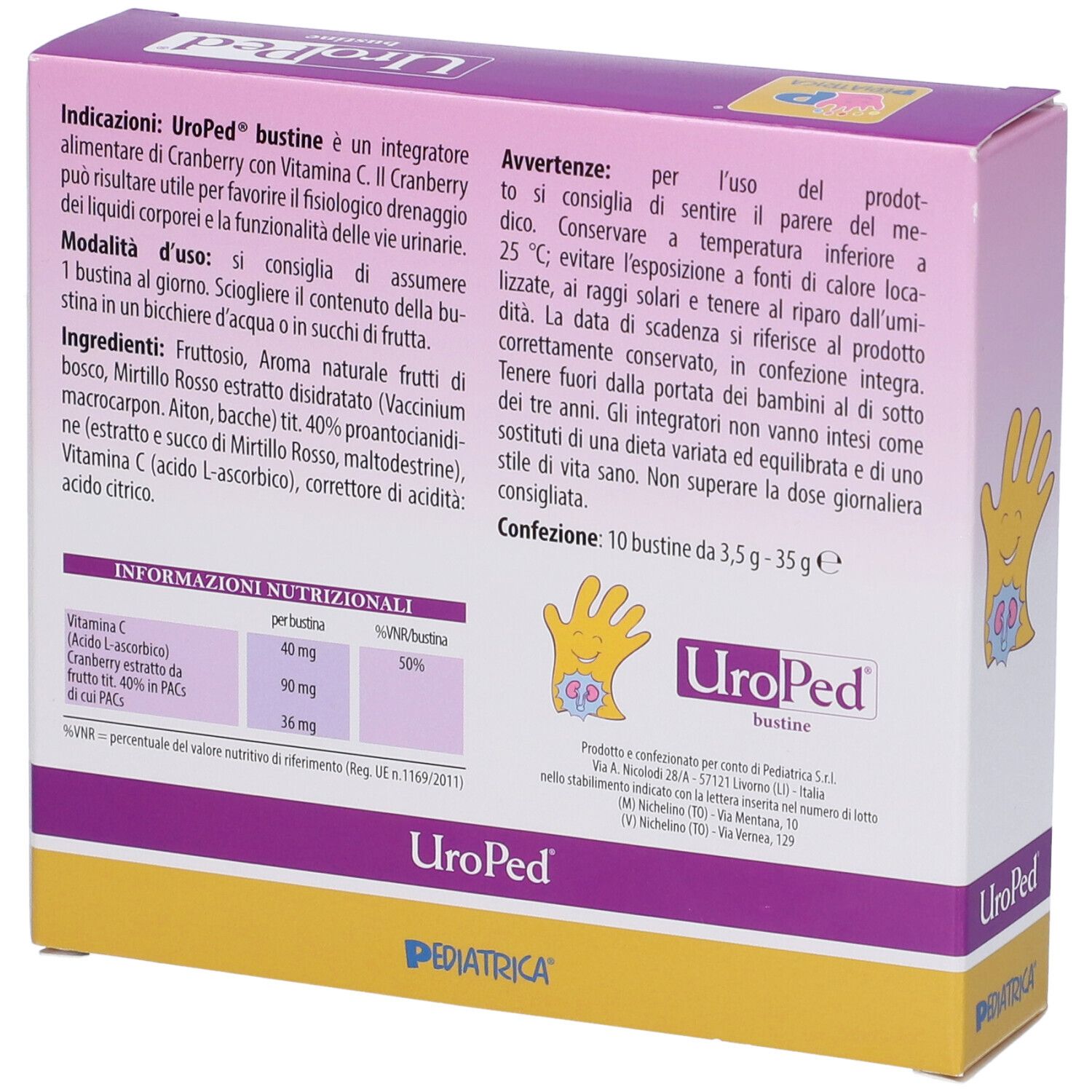 Dos de la boîte UroPed® Bustine. Informations textuelles, tableau nutritionnel et illustration d'une main avec un rein.