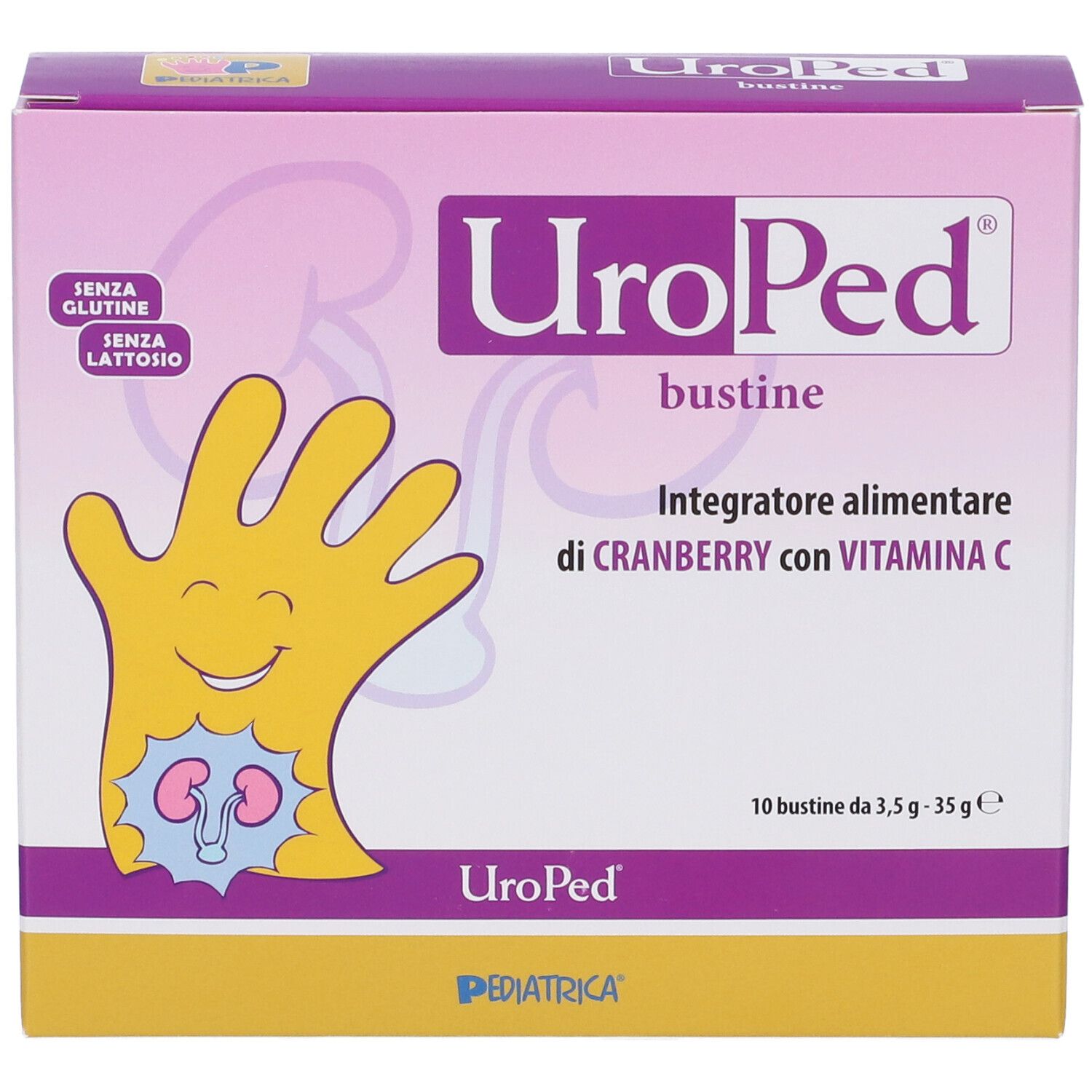 Boîte UroPed® Bustine. Boîte rose et jaune avec nom du produit et illustration d'une main avec un rein. 10 sachets.