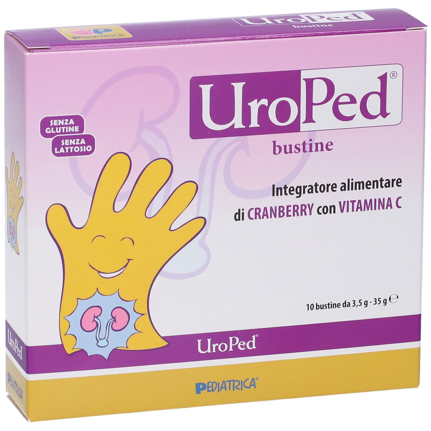 Boîte UroPed® Bustine. Boîte rose et jaune avec nom du produit et illustration d'une main avec un rein. 10 sachets.