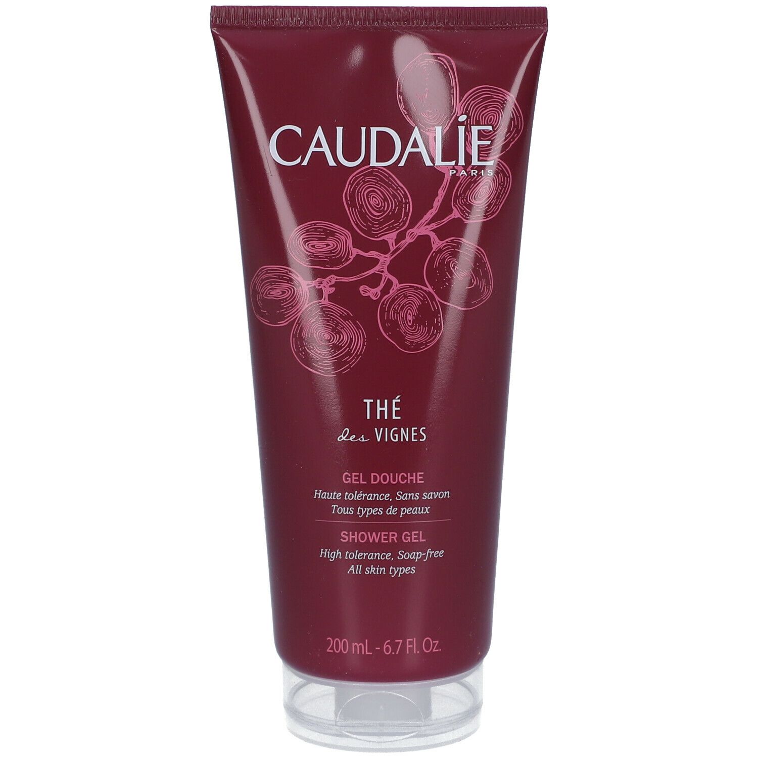 Tube rouge foncé avec texte blanc. Inscription CAUDALIE, Thé des Vignes. Texte: Gel Douche, Shower Gel. Écriture blanche.