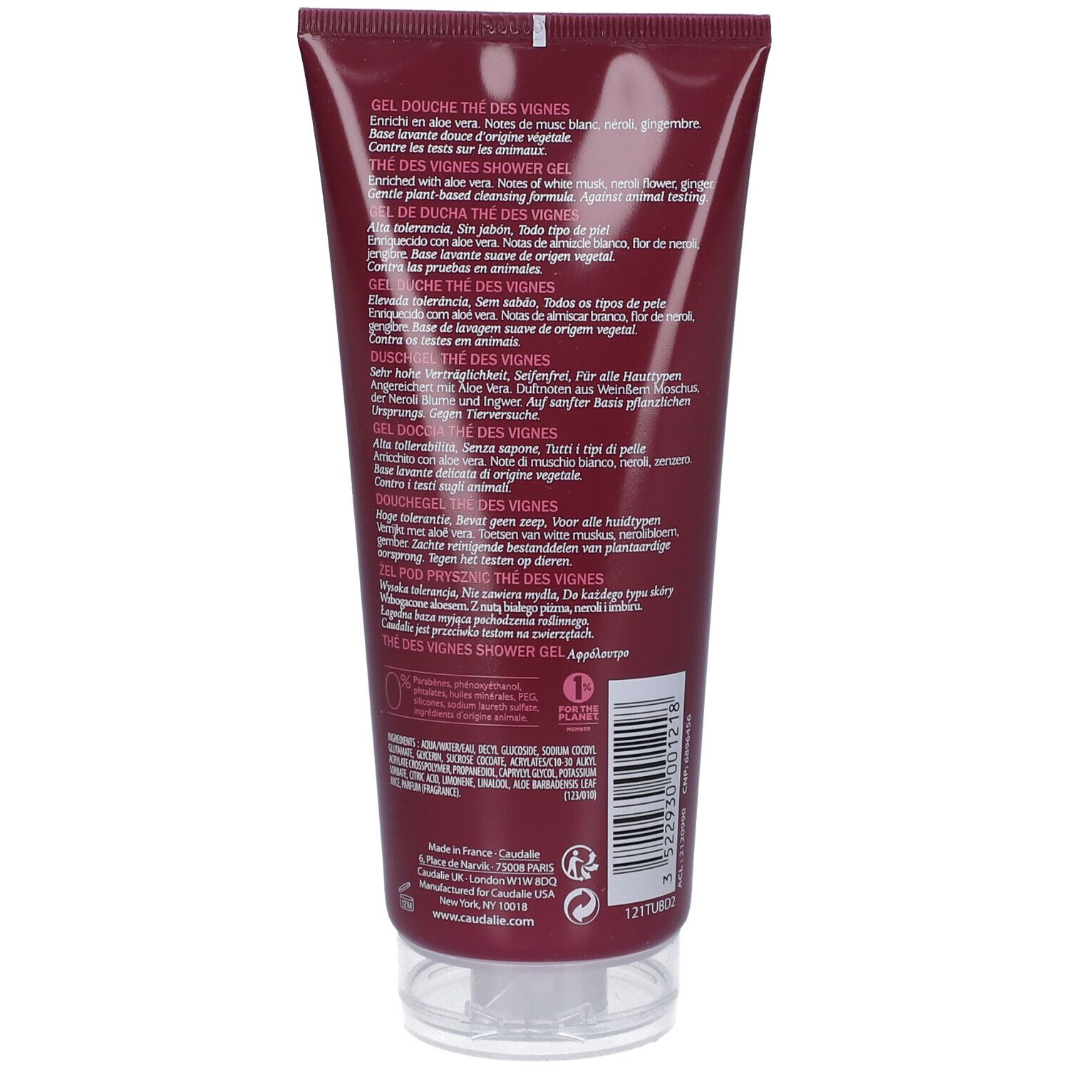 Dos d'un tube de gel douche rouge foncé. Texte multilingue. Fermeture transparente. Marque CAUDALIE.