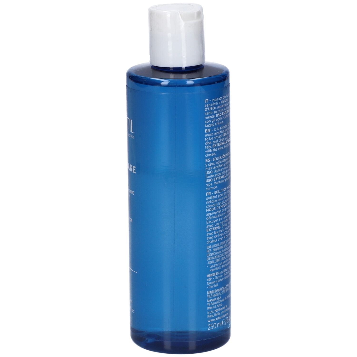 Blaue Flasche mit weißem Deckel. Text auf der Rückseite. Produktinformationen in mehreren Sprachen.