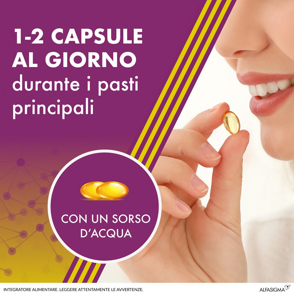 Femme prend une gélule. Gélules ALAnerv ON. Posologie : 1-2 gélules par jour avec de l'eau.