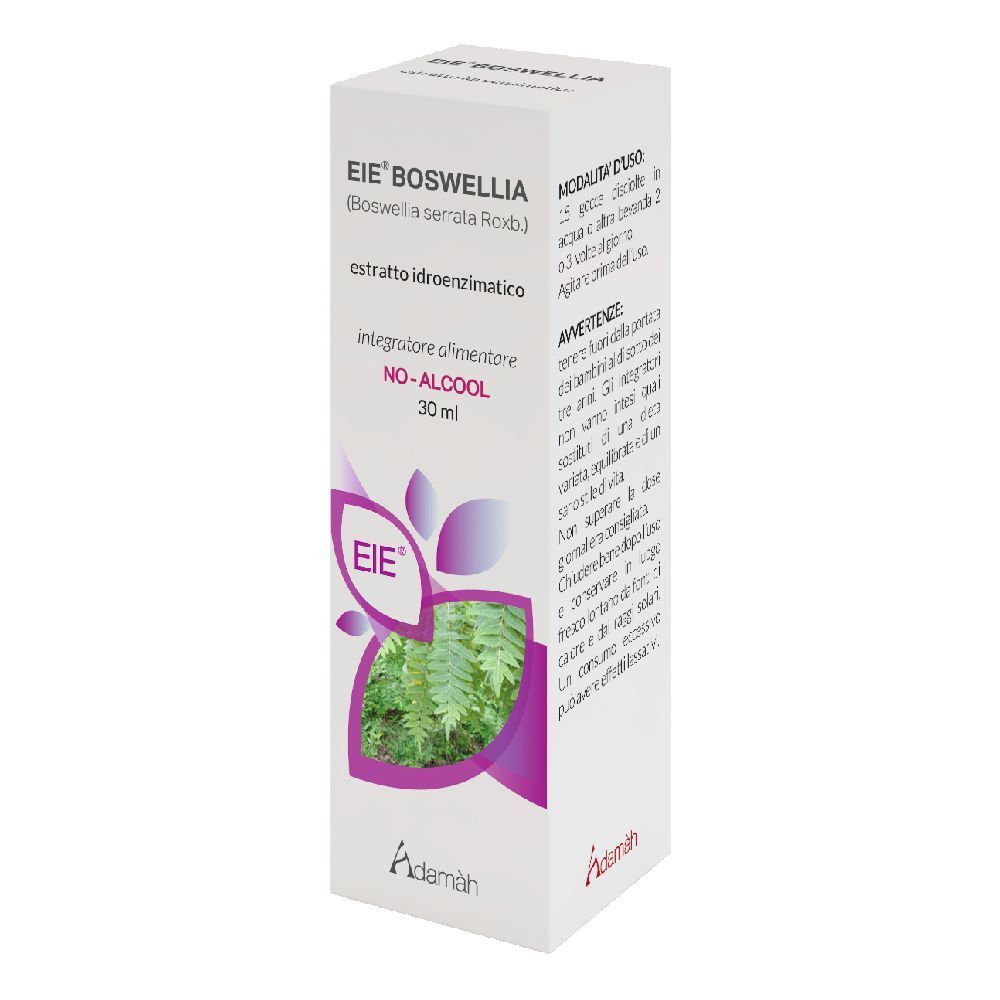 Boîte blanche avec impression du produit. Inscription : EIE Boswellia, 30 ml, NO-ALCOOL. Logo et image de plante.