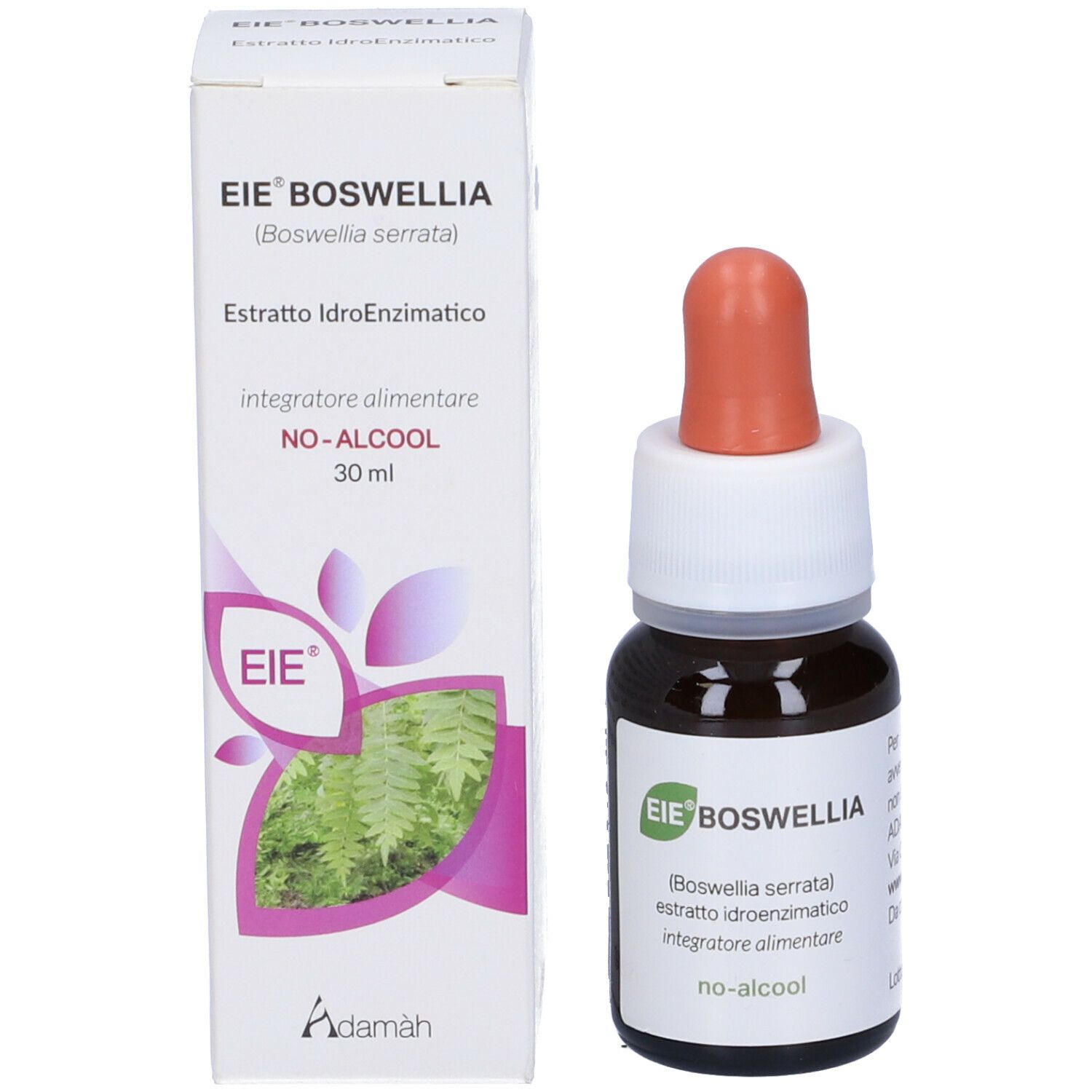 Flacon brun avec compte-gouttes et boîte blanche. Inscription : EIE Boswellia, 30 ml, no-alcool. Logo et plante.