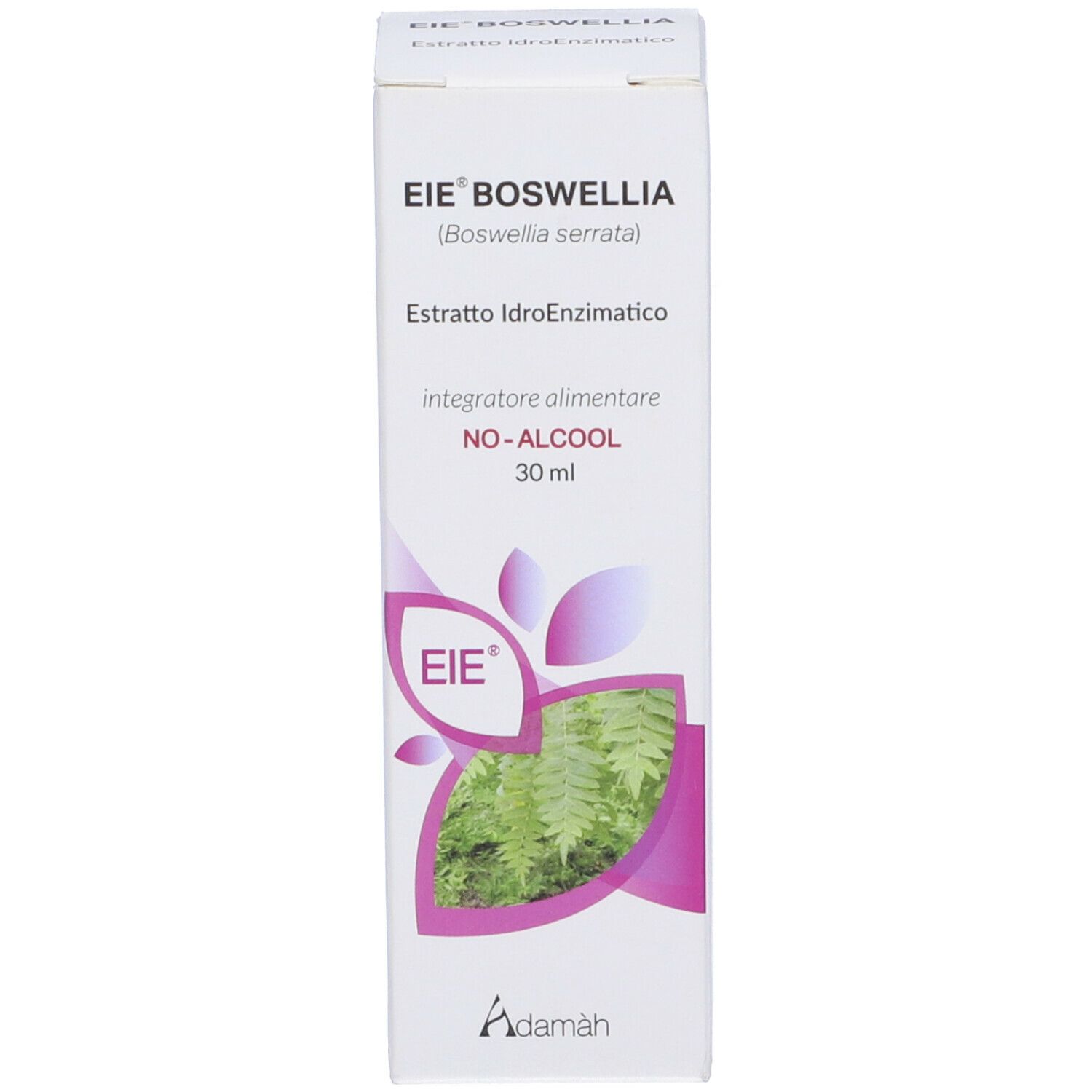 Boîte blanche avec impression du produit. Inscription : EIE Boswellia, 30 ml, NO-ALCOOL. Logo et image de plante.