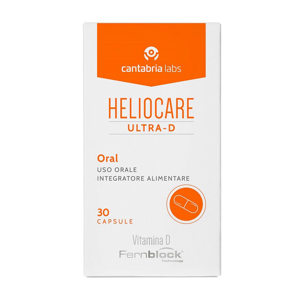 Weiße Schachtel mit orangefarbenem Streifen. Aufschrift: Heliocare Ultra-D, 30 Kapseln. Abbildung einer Kapsel.
