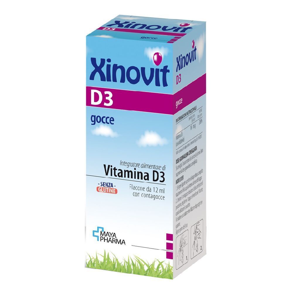 Boîte de Xinovit D3 gocce. Inscription: Vitamine D3, sans gluten. Flacon de 12 ml avec compte-gouttes. Logo Maya Pharma.