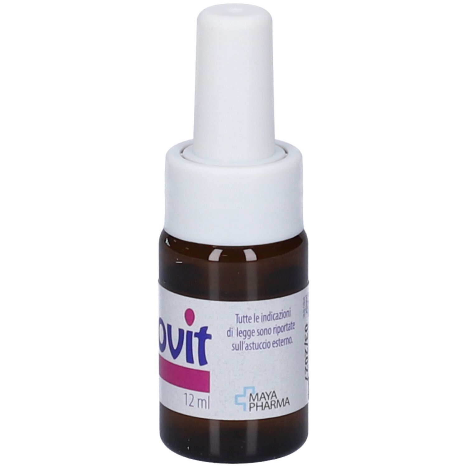 Flacon en verre brun avec bouchon blanc. Étiquette avec nom du produit, 12 ml et fabricant. Flacon compte-gouttes.