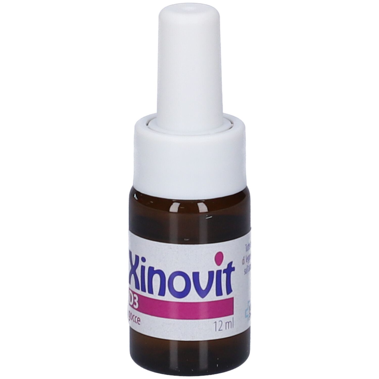 Flacon en verre brun avec bouchon blanc. Étiquette avec nom du produit, D3 et 12 ml. Flacon compte-gouttes.