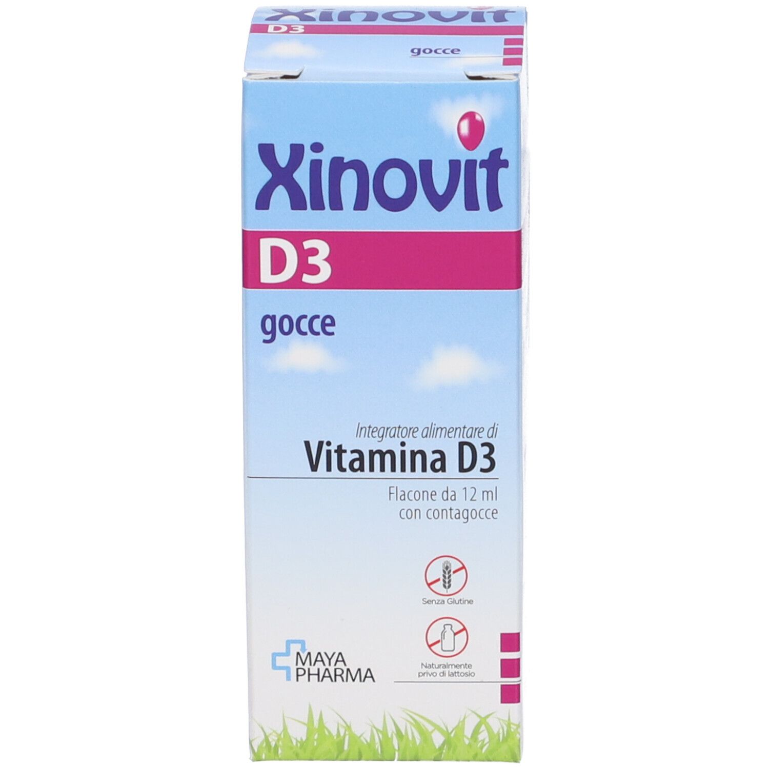 Boîte avec nom du produit, D3 et informations. Flacon compte-gouttes avec bouchon blanc. Bouteille et emballage.