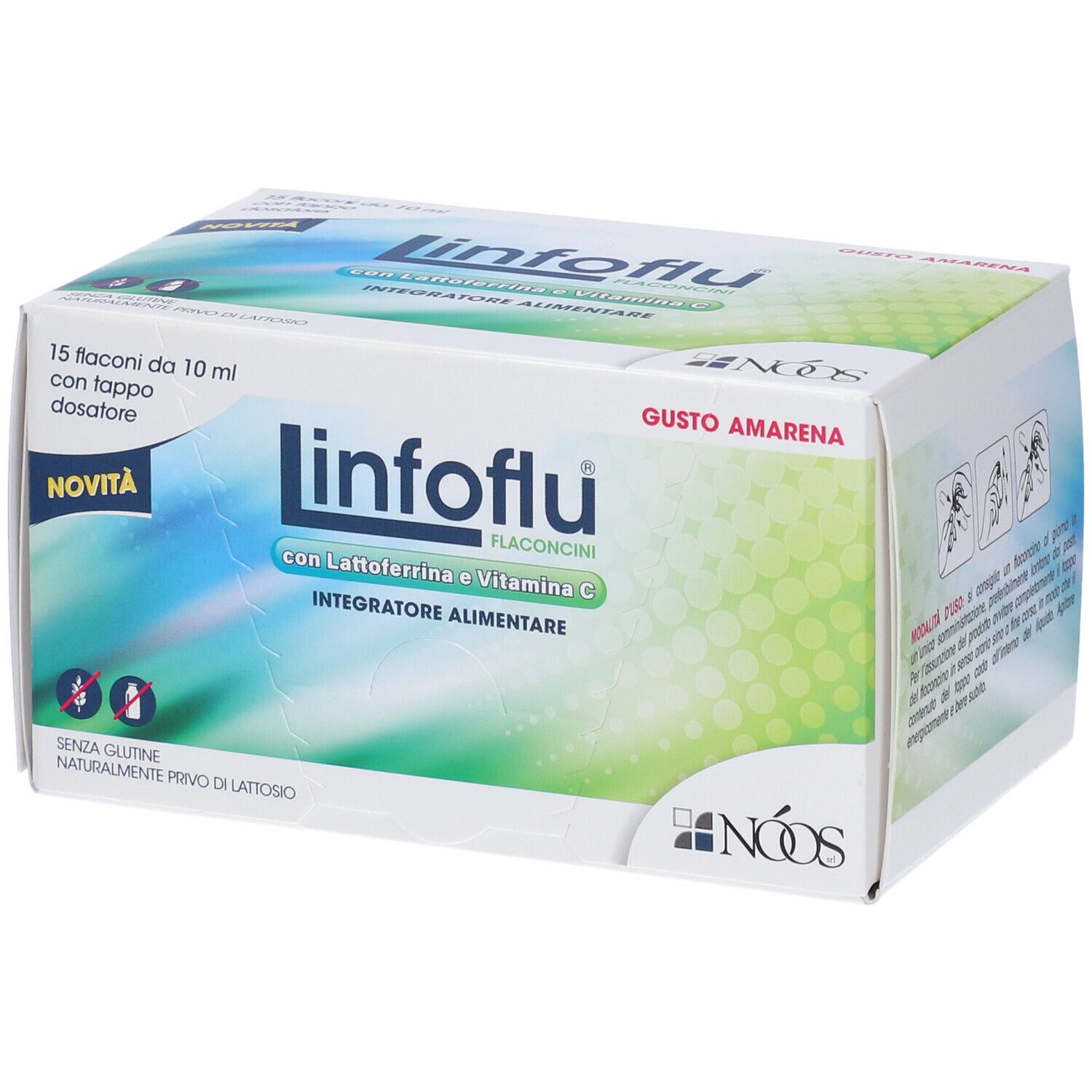 Karton mit Produktaufdruck „Linfoflu“. Enthält 15 Fläschchen mit Dosierkappe. Aufschrift: „Integratore Alimentare“.
