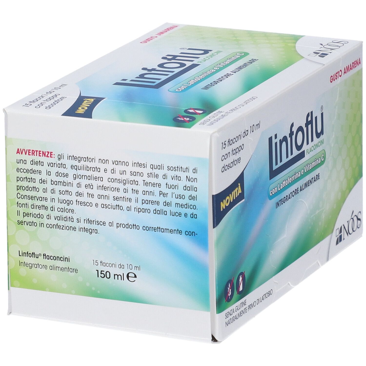 Karton von « Linfoflu ». Enthält 15 Fläschchen à 10 ml. Aufschrift: « Integratore Alimentare ». Hinweis: « Senza glutine, naturalmente privo di lattosio ».