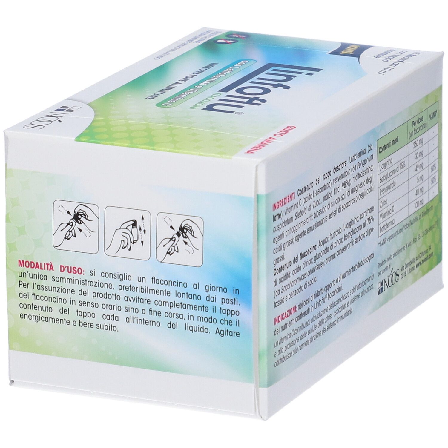 « Linfoflu »-Verpackung mit Anweisungen zur Anwendung. Aufschrift: « Integratore Alimentare ».