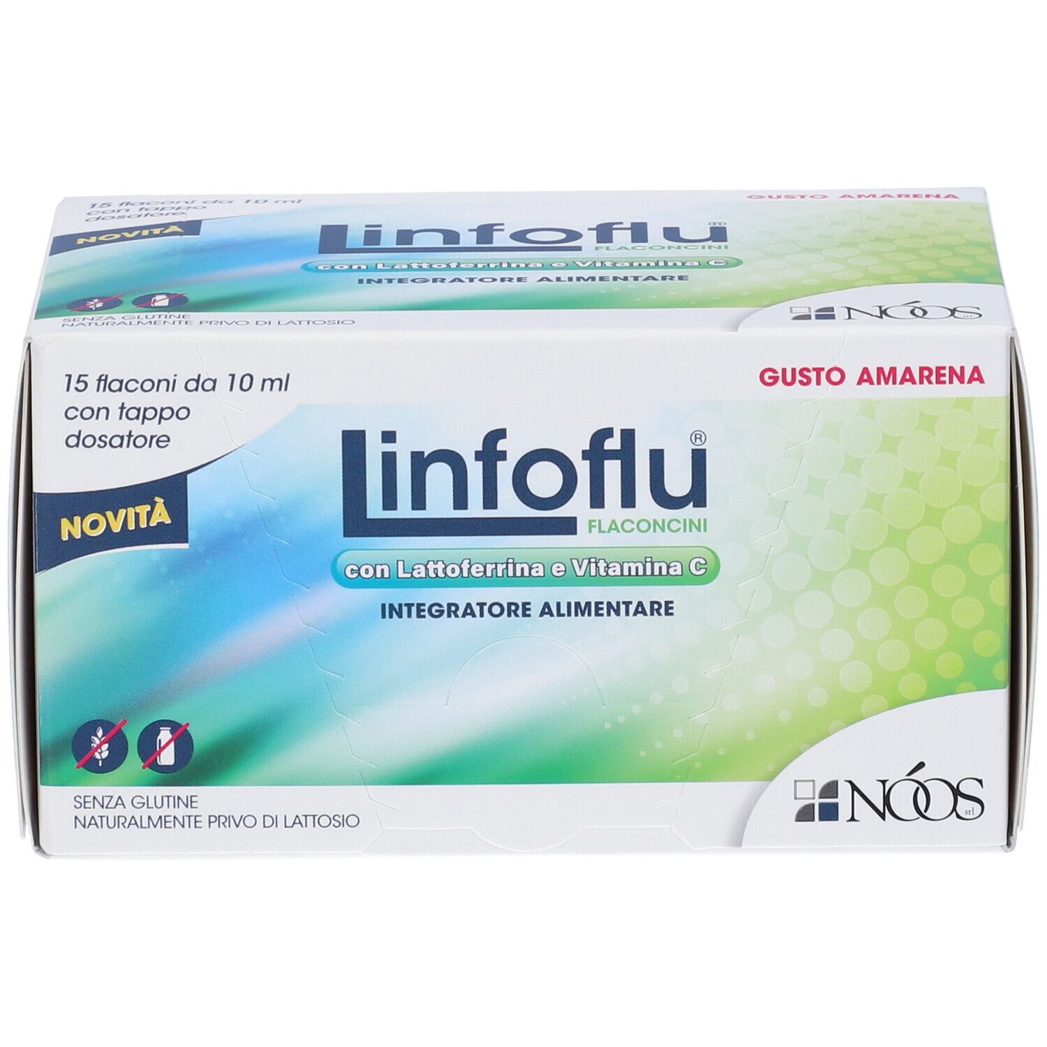 Karton von « Linfoflu ». Enthält 15 Fläschchen mit Dosierkappe. Aufschrift: « Integratore Alimentare ». Ohne Gluten und Laktose.