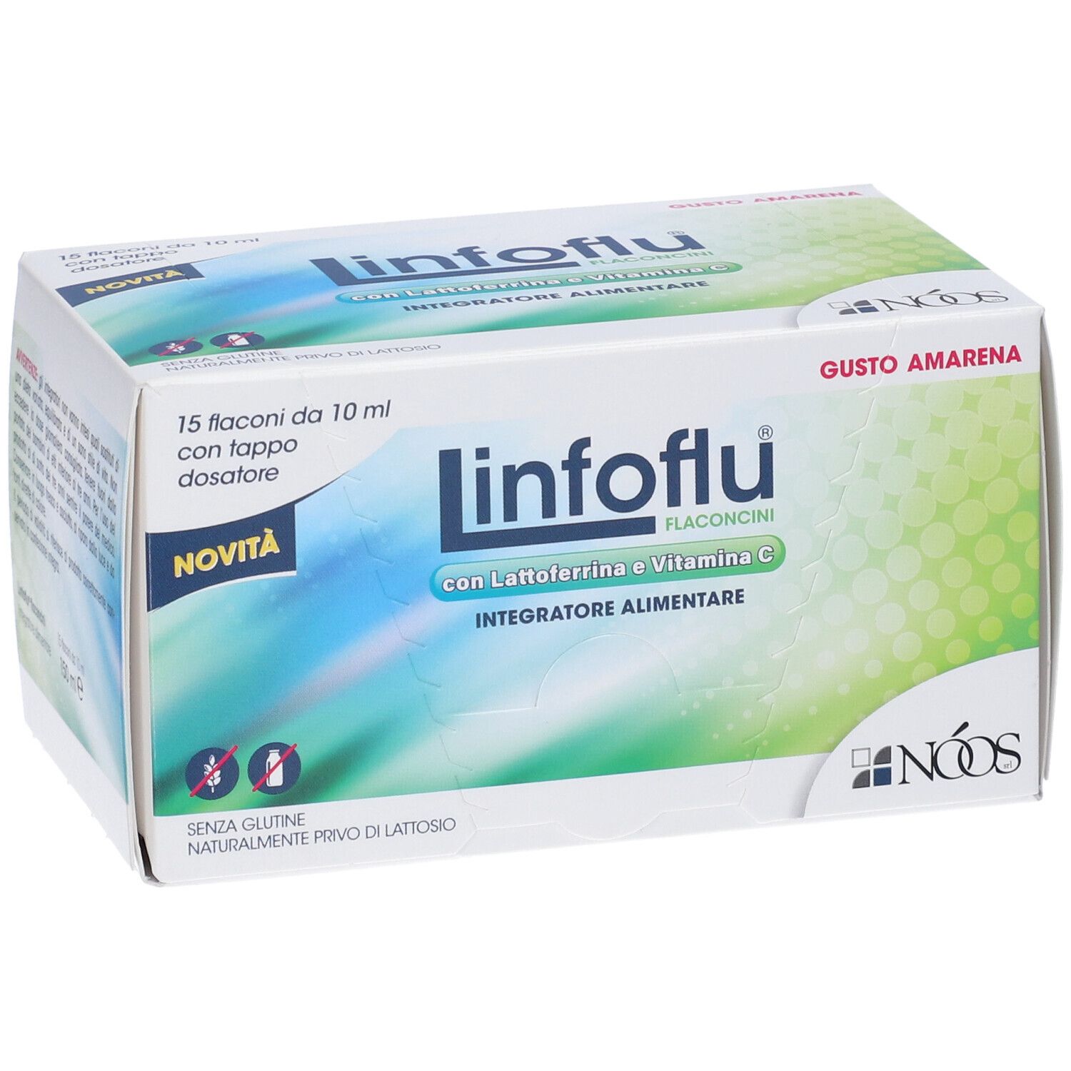 Karton von « Linfoflu ». Enthält 15 Fläschchen mit Dosierkappe. Aufschrift: « Integratore Alimentare ». Ohne Gluten und Laktose.