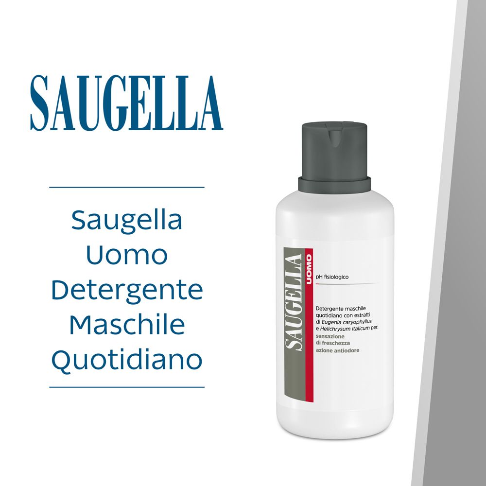 Produktflasche mit Logo Saugella Uomo. Text in italienischer Sprache. Weißer Hintergrund.