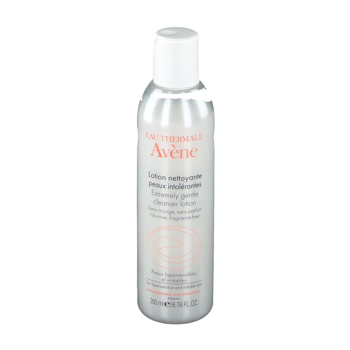 Silberne Flasche mit weißem Deckel. Aufschrift: Eau Thermale Avène, Lotion nettoyante peaux intolérantes. 200 ml.
