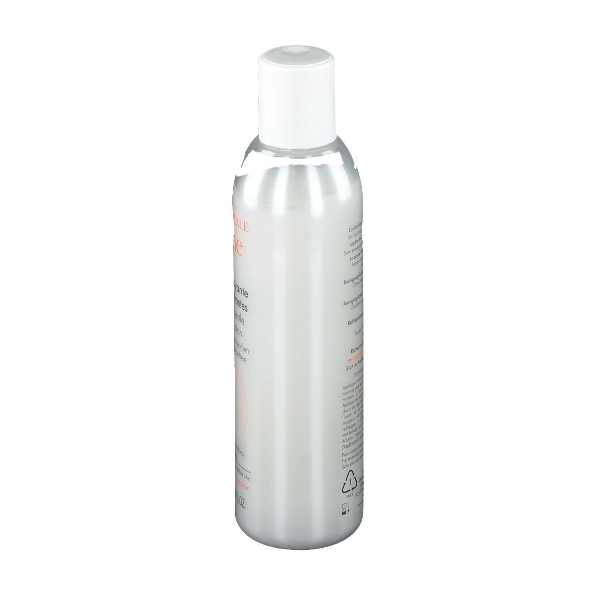 Silberne Flasche mit weißem Deckel. Aufschrift und Text auf der Seite. Produkt für empfindliche Haut.
