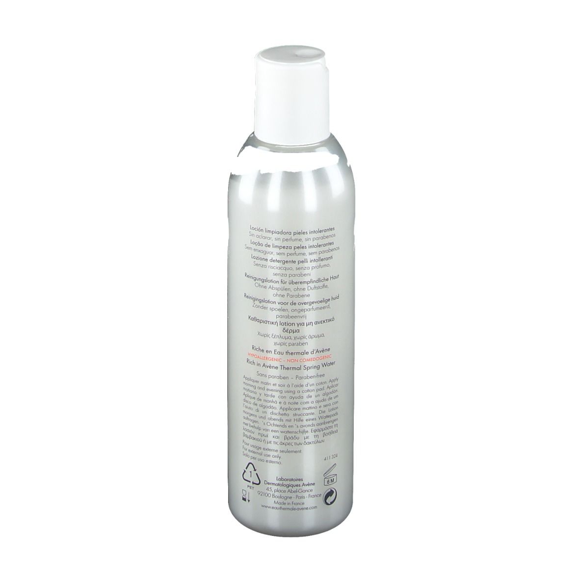 Silberne Flasche mit weißem Deckel. Text auf der Rückseite. Produkt für empfindliche Haut.